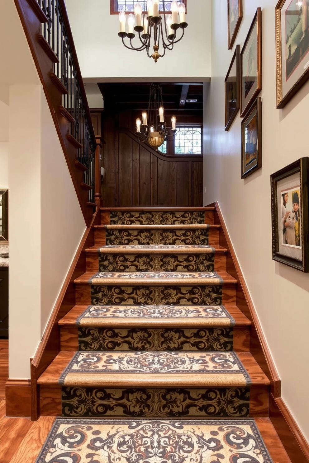 Custom stair treads with unique designs that blend functionality with artistic expression. The treads feature intricate patterns and textures, enhancing the overall aesthetic of the traditional staircase. Traditional staircase design ideas that incorporate classic materials like wood and wrought iron. The staircase is illuminated by a vintage chandelier, creating a warm and inviting atmosphere.