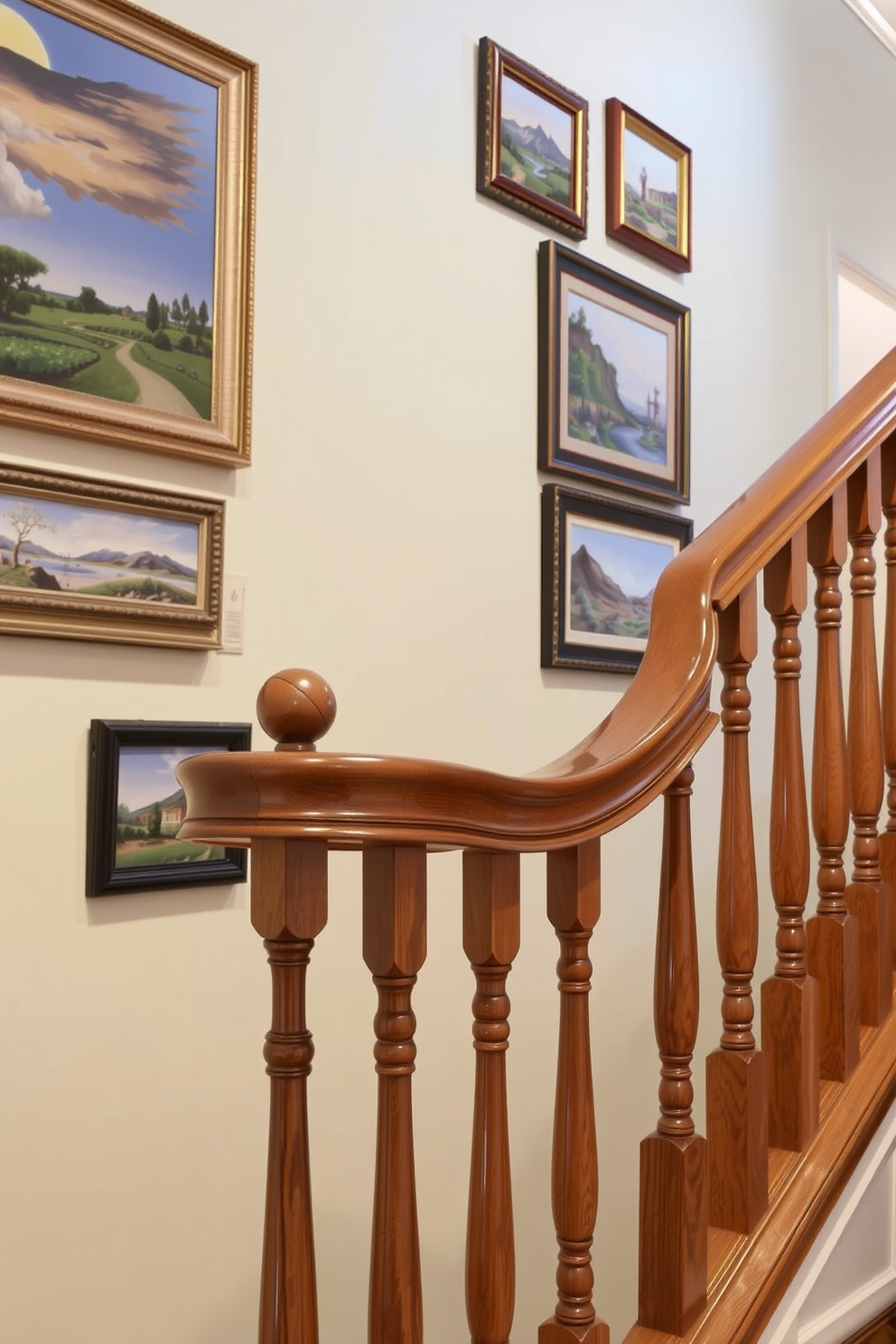 A traditional staircase features elegant wooden balusters and a polished handrail that gracefully curves along the ascent. Decorative wall art adorns the walls, showcasing a collection of framed landscapes that enhance the inviting atmosphere of the space.