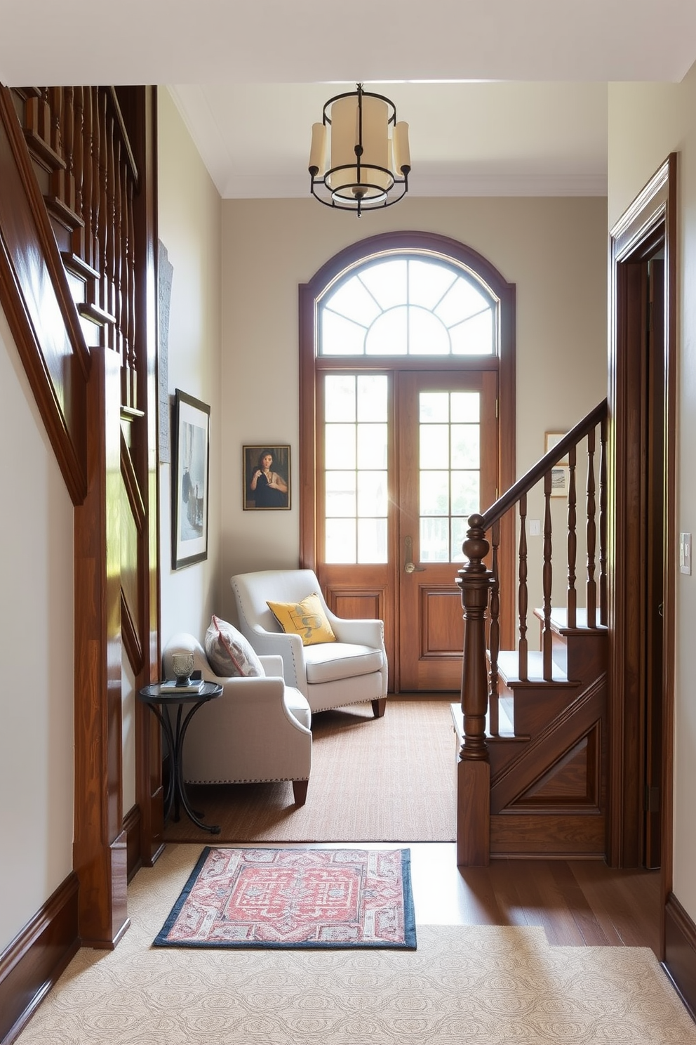 A stylish staircase landing features a cozy seating area with a plush armchair and a small side table. Natural light pours in through a large window, illuminating the space and highlighting the elegant woodwork of the traditional staircase. The staircase is adorned with a rich runner that adds warmth and texture, complementing the neutral color palette of the walls. Decorative wall art and a statement light fixture enhance the landing's inviting atmosphere.