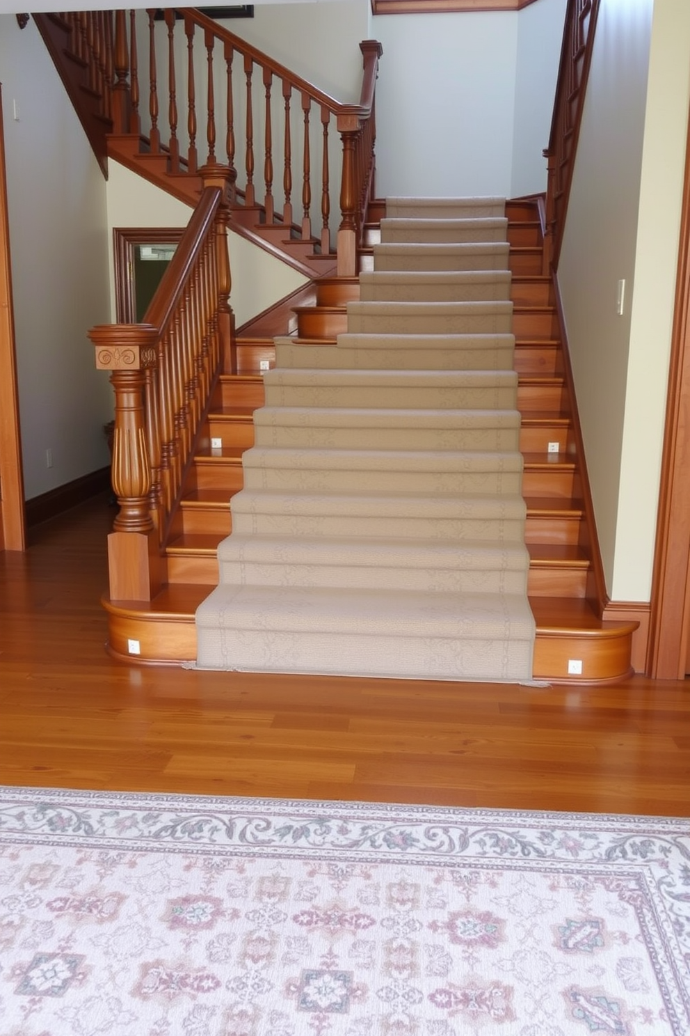 An elegant area rug lies gracefully at the foot of a grand staircase. The rug features intricate patterns in soft, muted colors that complement the warm wooden tones of the staircase. The traditional staircase showcases beautifully crafted balusters and a polished handrail. The stairs are adorned with classic runner carpet that adds a touch of comfort and style.