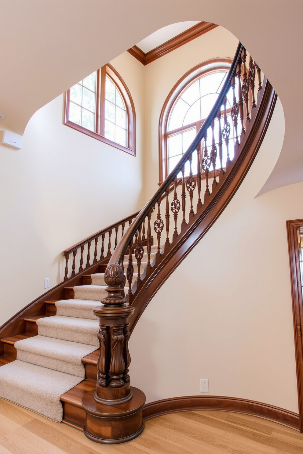 A grand curved staircase elegantly sweeps upwards, adorned with intricate ornate balusters that showcase craftsmanship. The staircase features a rich wooden finish, complemented by a plush runner that adds warmth and texture to the design. Natural light floods the space through a large arched window, illuminating the staircase and highlighting the detailed craftsmanship of the balusters. The walls are painted in a soft cream color, creating a classic backdrop that enhances the traditional aesthetic of the staircase.