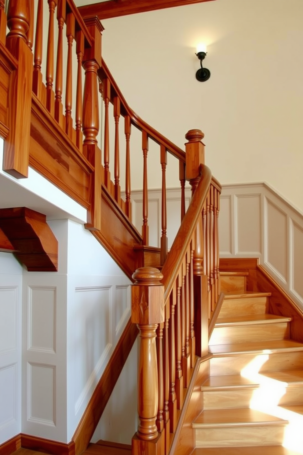 Cedar wood accents create a warm and inviting atmosphere in a traditional staircase design. The staircase features rich cedar railings and balusters, complemented by a polished wooden staircase that showcases the natural grain of the wood. The walls are adorned with classic wainscoting, painted in a soft cream color to enhance the warmth of the cedar. Elegant wall sconces provide soft lighting, highlighting the beautiful craftsmanship of the staircase and creating a cozy ambiance.