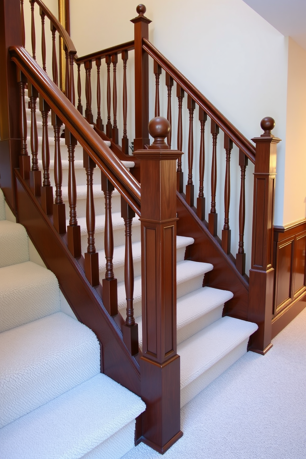 A traditional staircase features elegant spindle railings crafted from rich mahogany. The staircase is adorned with a plush runner that complements the classic architecture of the home.