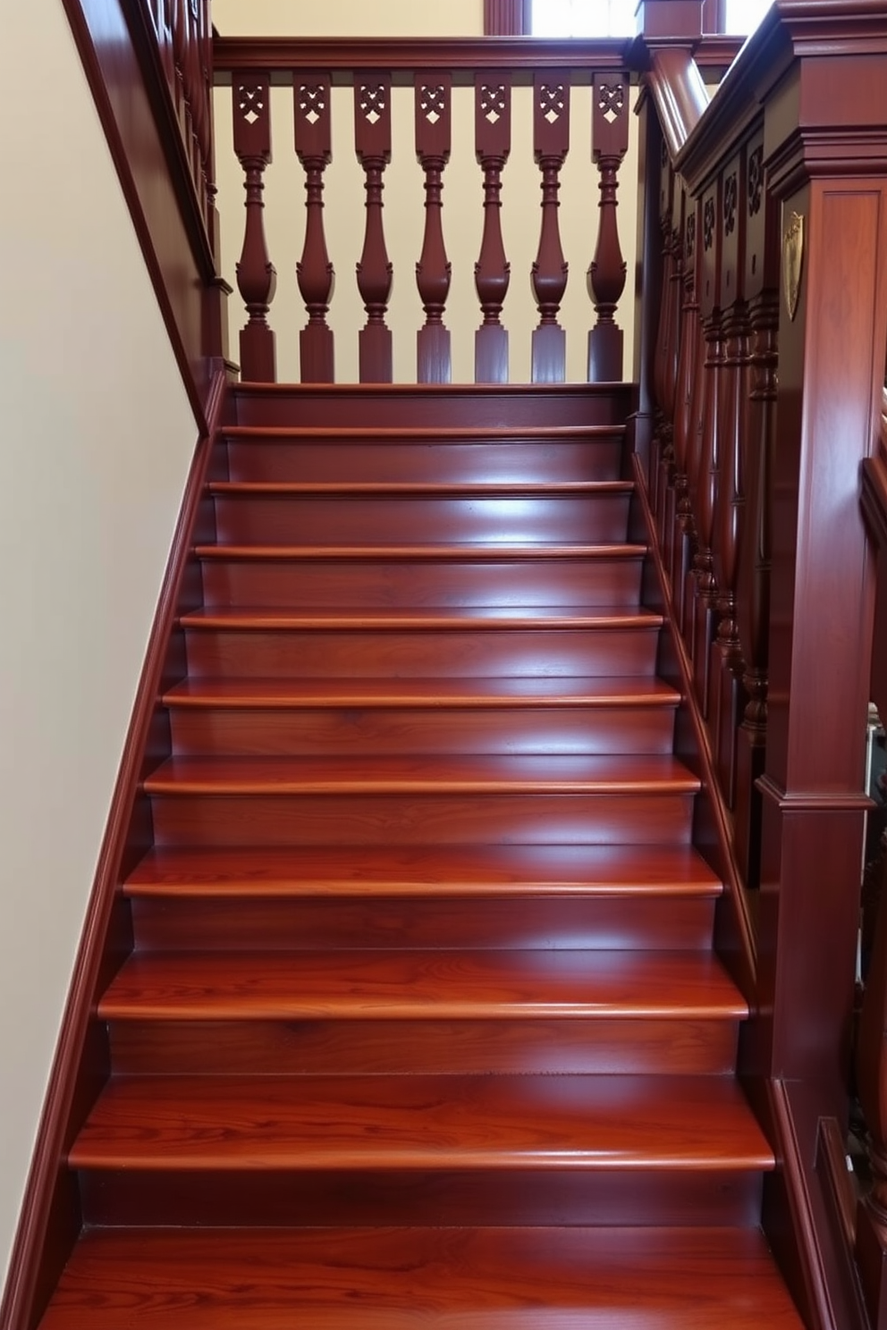 A stunning traditional staircase featuring rich mahogany steps that gleam with a glossy finish. The balustrade is intricately carved, showcasing elegant details that enhance the classic aesthetic of the home.