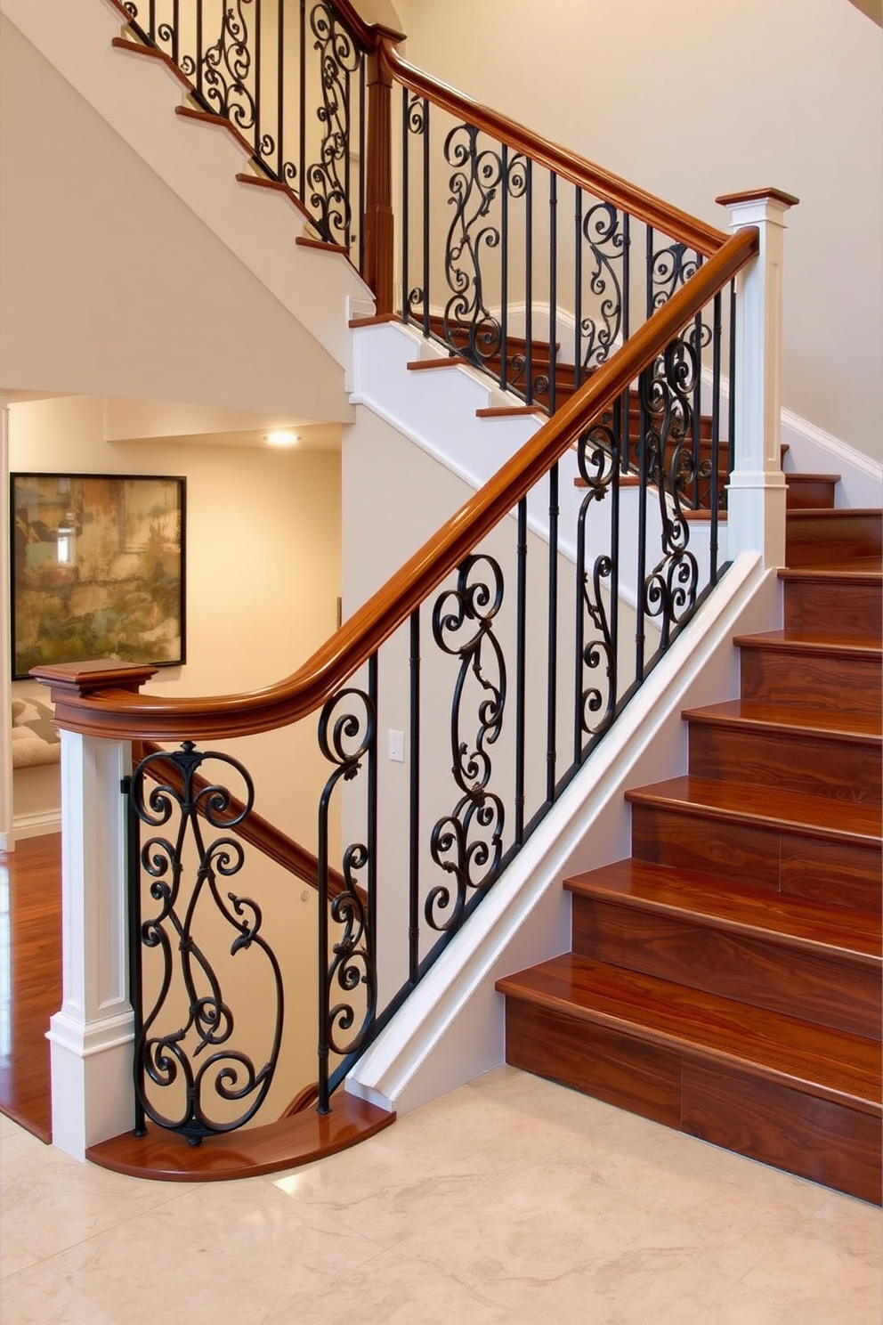 A traditional staircase design featuring wrought iron accents on the railing creates an elegant focal point in the home. The staircase is adorned with rich wooden steps and a polished banister, enhancing the classic aesthetic. The wrought iron railing showcases intricate patterns that complement the overall design. Soft lighting illuminates the staircase, highlighting the craftsmanship and inviting warmth to the space.