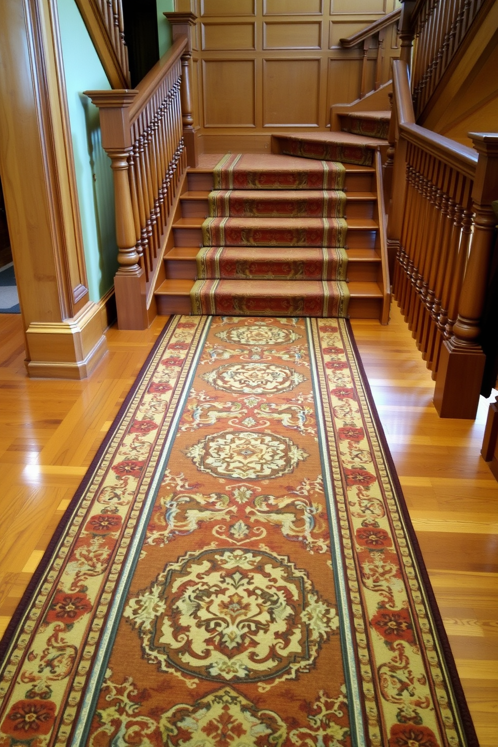 A traditional runner carpet stretches elegantly down the center of a grand staircase. The carpet features intricate patterns in rich colors that complement the wooden steps and balustrade. The staircase design includes ornate spindles and a polished handrail, showcasing classic craftsmanship. Warm lighting highlights the beauty of the wood and the luxurious texture of the runner carpet.