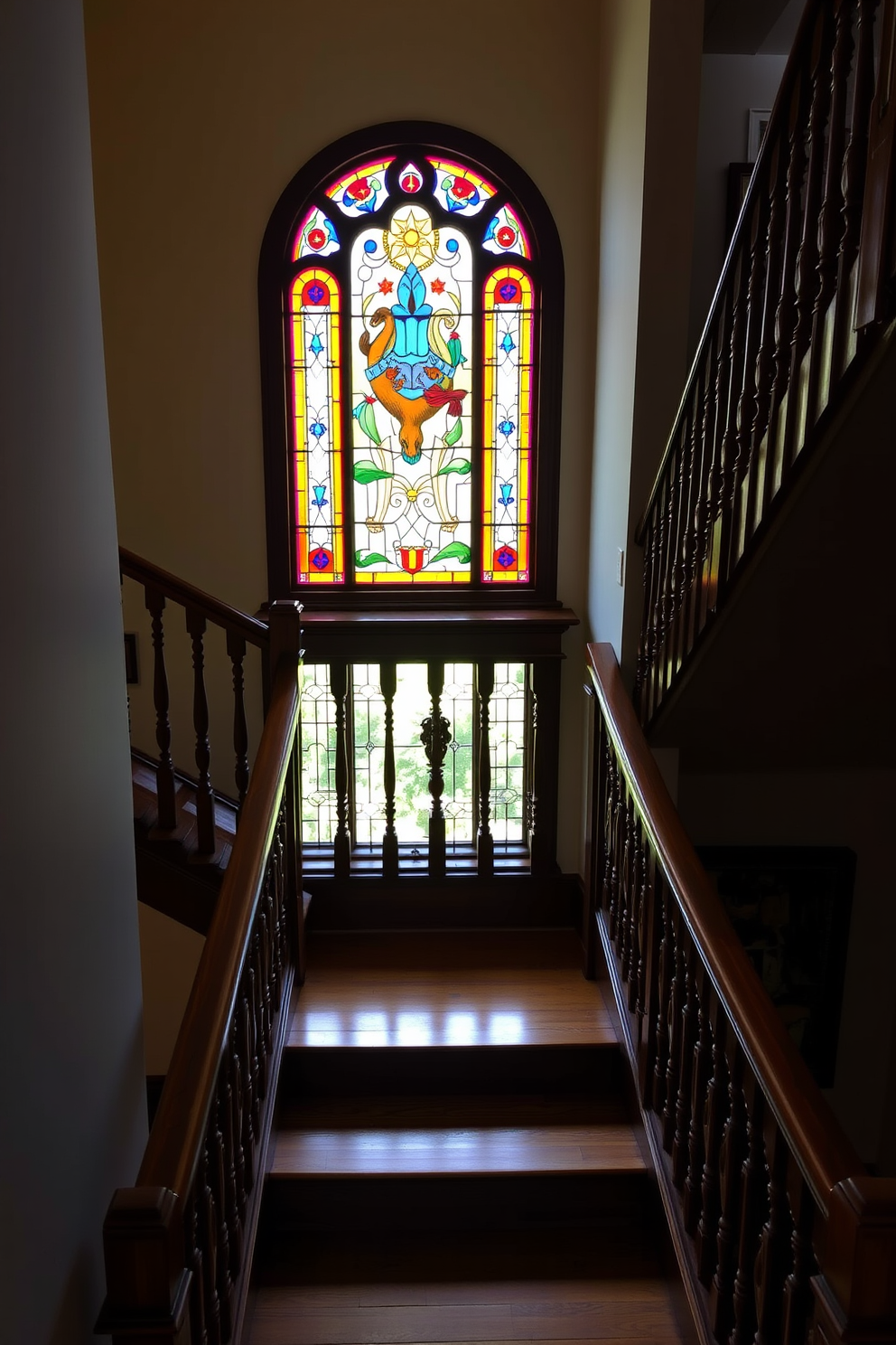 A traditional staircase features a beautifully crafted wooden banister with intricate carvings. Above the landing, a stunning stained glass window casts colorful light onto the polished wooden steps below.