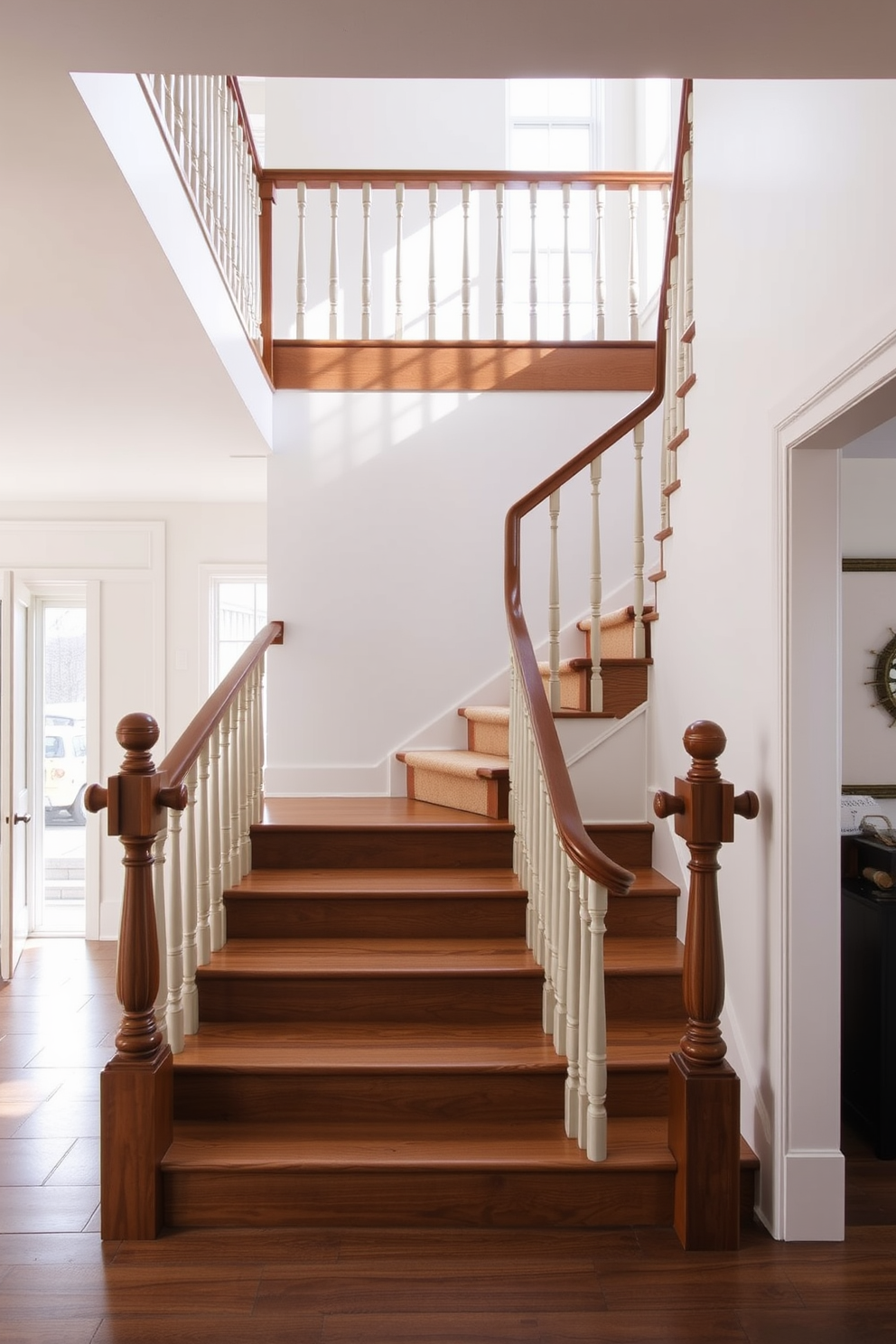 Open riser staircase design featuring sleek wooden steps that create an airy and spacious feel. Natural light floods the area, highlighting the minimalist aesthetic and providing a seamless connection between floors. Traditional staircase design incorporating ornate balusters and a rich mahogany handrail. The steps are carpeted in a luxurious fabric, adding warmth and elegance to the entryway.