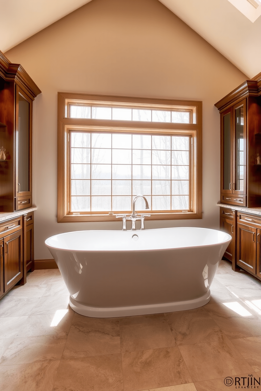 Elegant freestanding soaking tub as the centerpiece in a transitional bathroom. The tub is surrounded by soft natural light streaming through large windows, creating a serene ambiance. Rich wooden cabinetry complements the tub, featuring brushed nickel fixtures for a modern touch. Subtle earth tones in the tile and wall paint enhance the inviting atmosphere of the space.