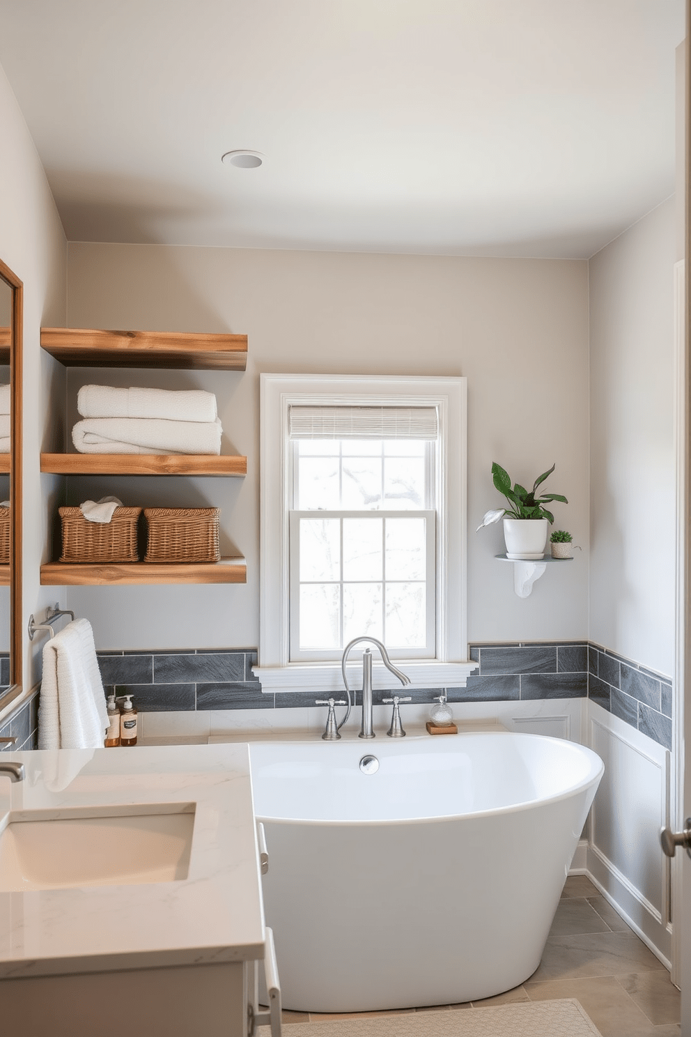 Open shelving made of reclaimed wood is installed above the vanity, providing functional storage for towels and toiletries. The shelves are styled with decorative baskets and potted plants, adding a touch of warmth to the space. The bathroom features a blend of modern and traditional elements, with a freestanding soaking tub positioned beneath a window. Soft, neutral colors and elegant fixtures create a serene and inviting atmosphere.