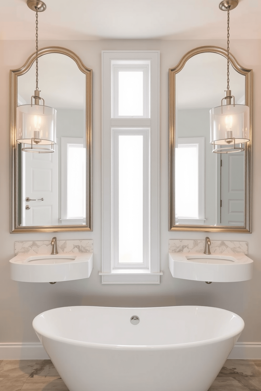 A serene transitional bathroom featuring elegant mirrors that add visual interest. The mirrors are framed in a soft brushed nickel finish, reflecting the natural light that filters through the frosted glass window. The color palette includes soft whites and warm grays, creating a calming atmosphere. A freestanding soaking tub sits gracefully beneath the mirrors, flanked by stylish pendant lights that enhance the overall design.