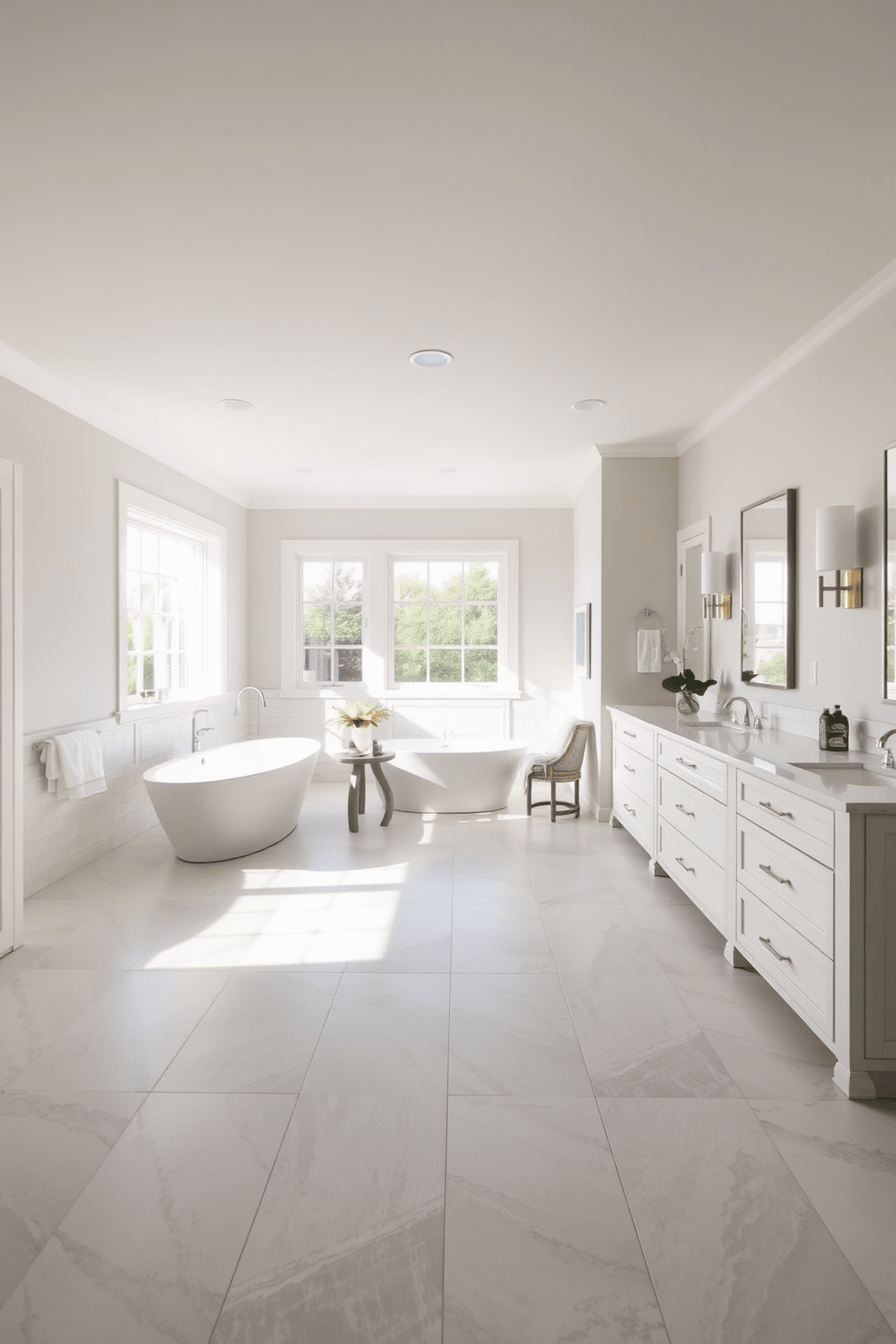 A spacious transitional bathroom featuring large format tiles that create a seamless flow across the floor and walls. The design incorporates a freestanding soaking tub surrounded by elegant fixtures, complemented by a stylish double vanity with ample storage. Natural light floods the space through a large window, highlighting the soft color palette of whites and grays. The large format tiles are accented by subtle textures, creating a serene and inviting atmosphere.