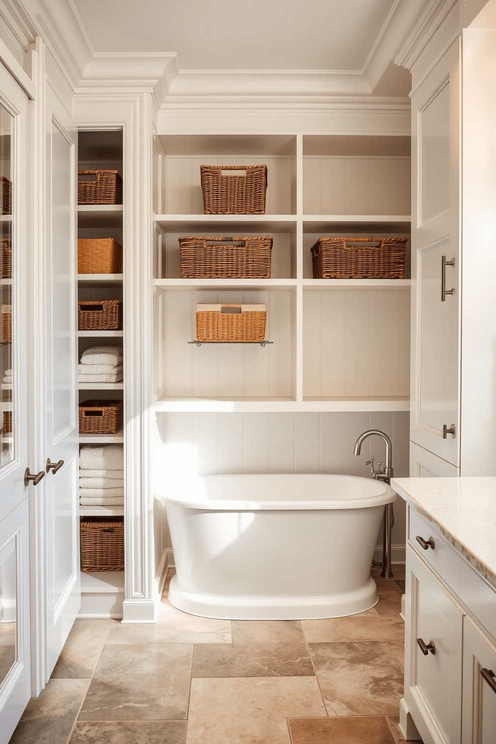 A spacious linen closet features decorative baskets neatly arranged on the shelves. The closet is designed with a mix of modern and traditional elements, showcasing soft white cabinetry and elegant hardware. The bathroom includes a freestanding tub surrounded by natural stone tiles. Soft lighting illuminates the space, creating a serene atmosphere with a blend of warm and cool tones.