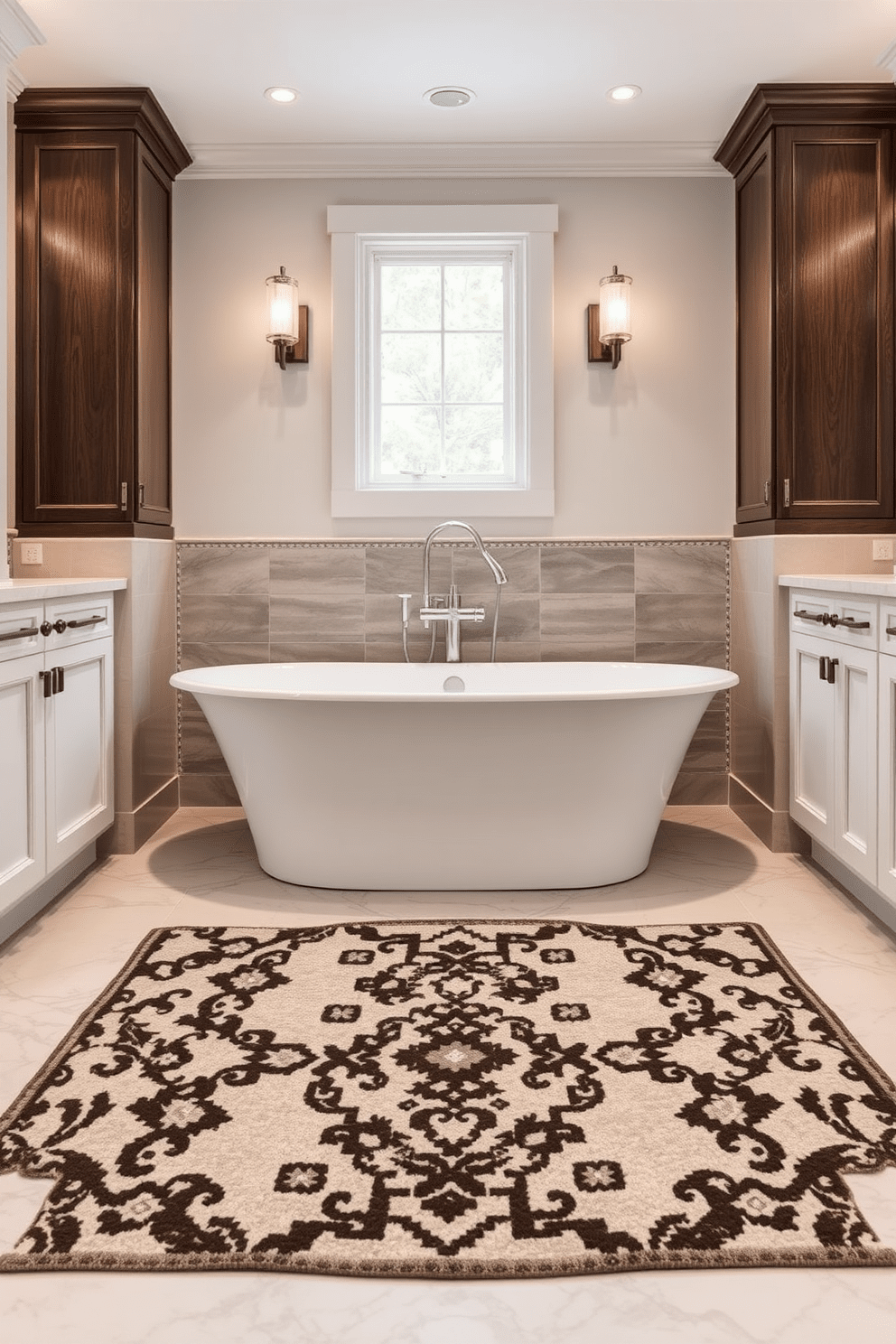 A stylish area rug lies underfoot, adding comfort and warmth to the space. Its soft texture complements the elegant tiles, creating a cozy atmosphere. The transitional bathroom design features a blend of modern and traditional elements. A freestanding tub takes center stage, surrounded by sleek cabinetry and classic fixtures.