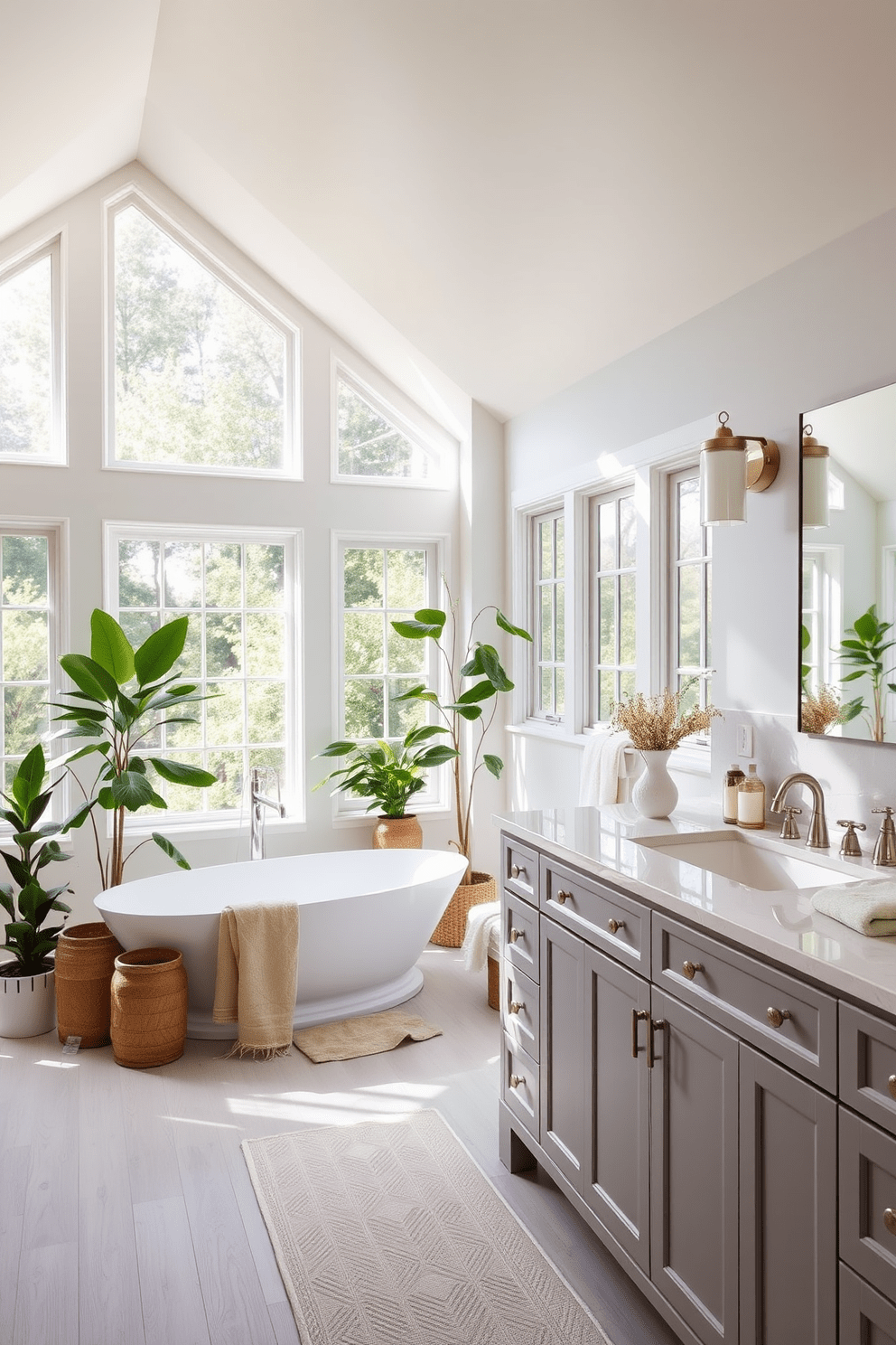 A bright and airy transitional bathroom featuring large windows that allow natural light to flood the space. The design incorporates a freestanding bathtub surrounded by elegant potted plants and soft, neutral textiles. The vanity is a blend of traditional and modern styles, with a sleek white countertop and brushed nickel fixtures. Soft gray cabinetry complements the warm wooden accents throughout the room, creating a harmonious and inviting atmosphere.