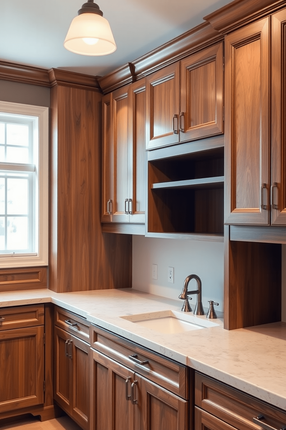 Custom cabinetry for personalized storage. The cabinetry features a blend of wood finishes with sleek hardware, providing both functionality and style. Transitional bathroom design ideas incorporate classic and modern elements. The space is illuminated by pendant lights, creating a warm ambiance that highlights the intricate details of the cabinetry.