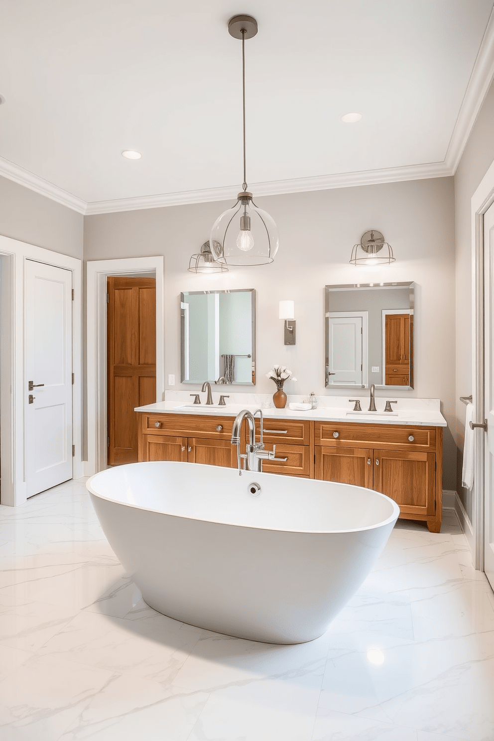 A transitional bathroom design featuring brushed nickel faucets that add a modern touch to the space. The room includes a freestanding soaking tub with a sleek design, surrounded by elegant white marble tiles on the floor and walls. A spacious double vanity with a warm wood finish complements the brushed nickel fixtures, providing ample storage and style. Above the vanity, stylish pendant lights hang, illuminating the space with a soft glow, enhancing the overall ambiance.