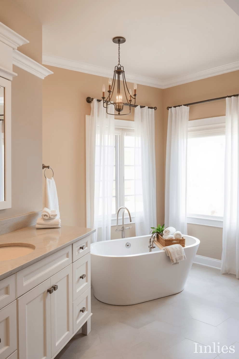 A serene transitional bathroom design featuring a neutral color palette with soft accents. The walls are painted in a warm beige tone, complemented by white cabinetry and a light gray tiled floor. A freestanding soaking tub sits beneath a large window, adorned with sheer white curtains. Elegant pendant lighting hangs above the tub, casting a soft glow across the space. A double vanity with brushed nickel fixtures and a quartz countertop offers ample storage. Decorative elements include a woven basket filled with plush towels and a small potted plant for a touch of greenery.