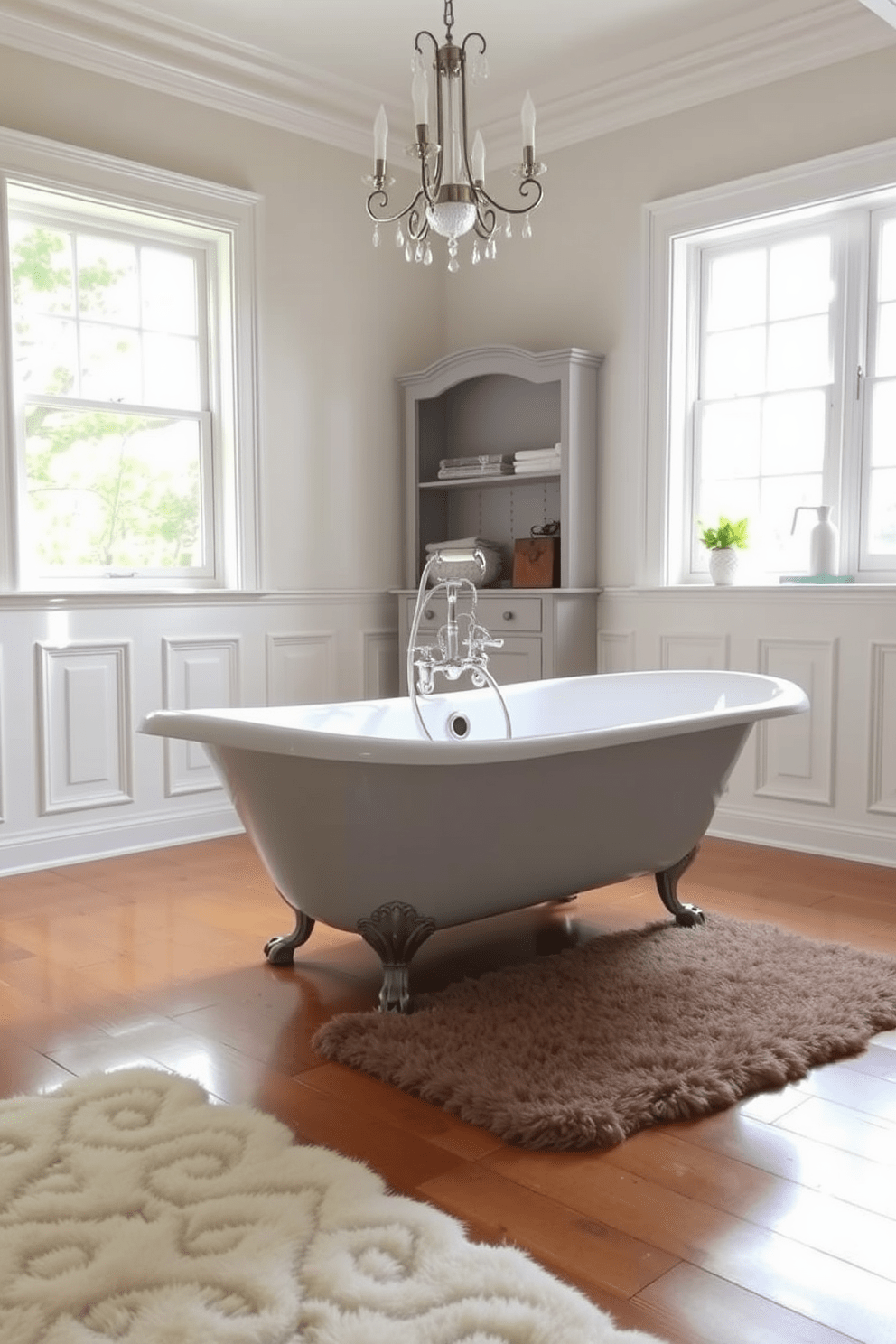 An elegant clawfoot tub sits gracefully in a spacious bathroom, surrounded by soft natural light streaming through a large window. The tub is complemented by a vintage-style faucet and a plush area rug that adds warmth to the polished wooden floor. The walls are adorned with classic wainscoting painted in a soft cream color, creating a timeless backdrop. Stylish accessories, such as a delicate chandelier and antique-inspired shelving, enhance the transitional design while maintaining a cozy atmosphere.