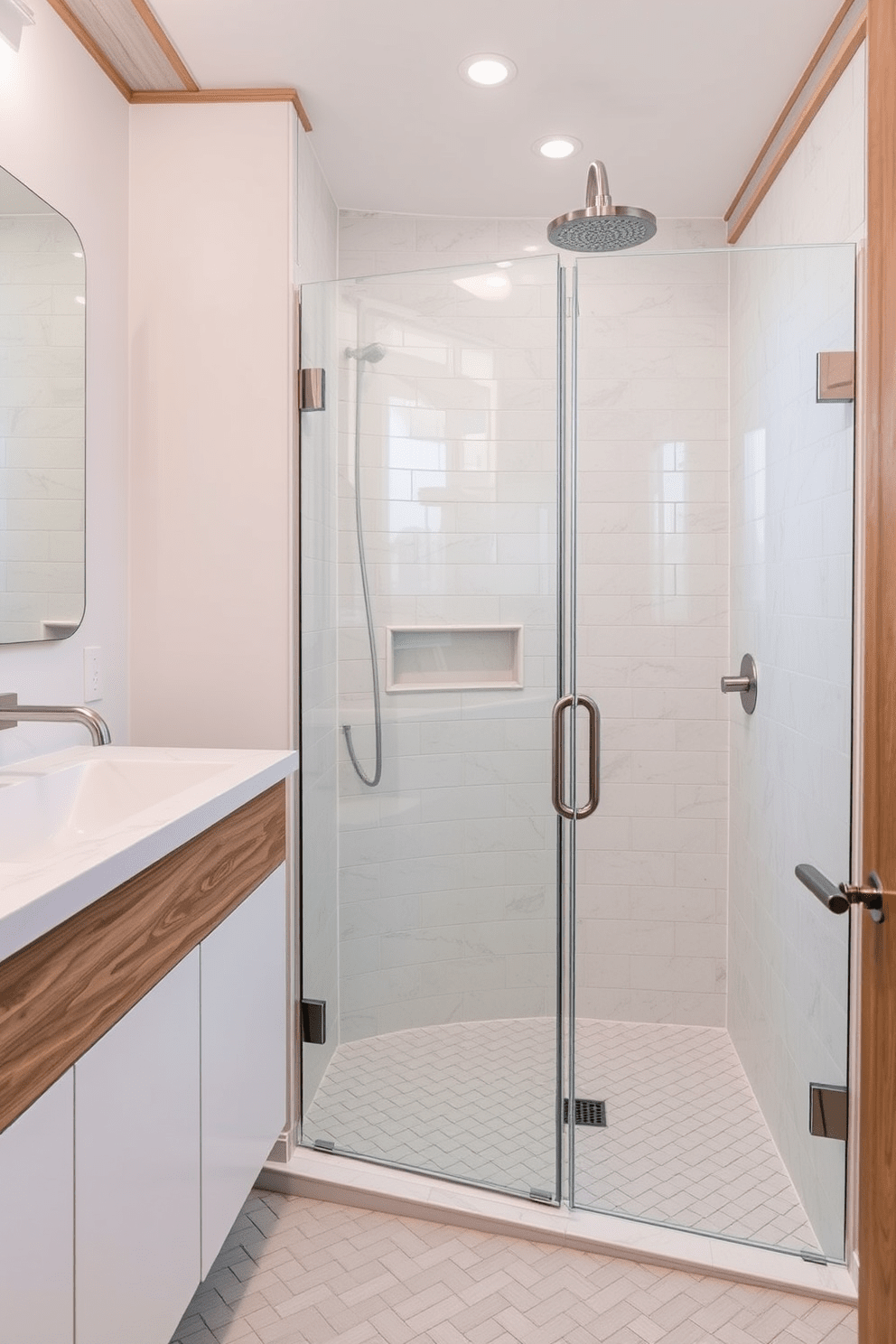 A transitional bathroom featuring wall-mounted faucets for a sleek and modern aesthetic. The color palette includes soft whites and warm grays, complemented by natural wood accents. The spacious shower area showcases a frameless glass enclosure with a rainfall showerhead. Elegant tilework in a herringbone pattern adds texture and interest to the walls and floor.