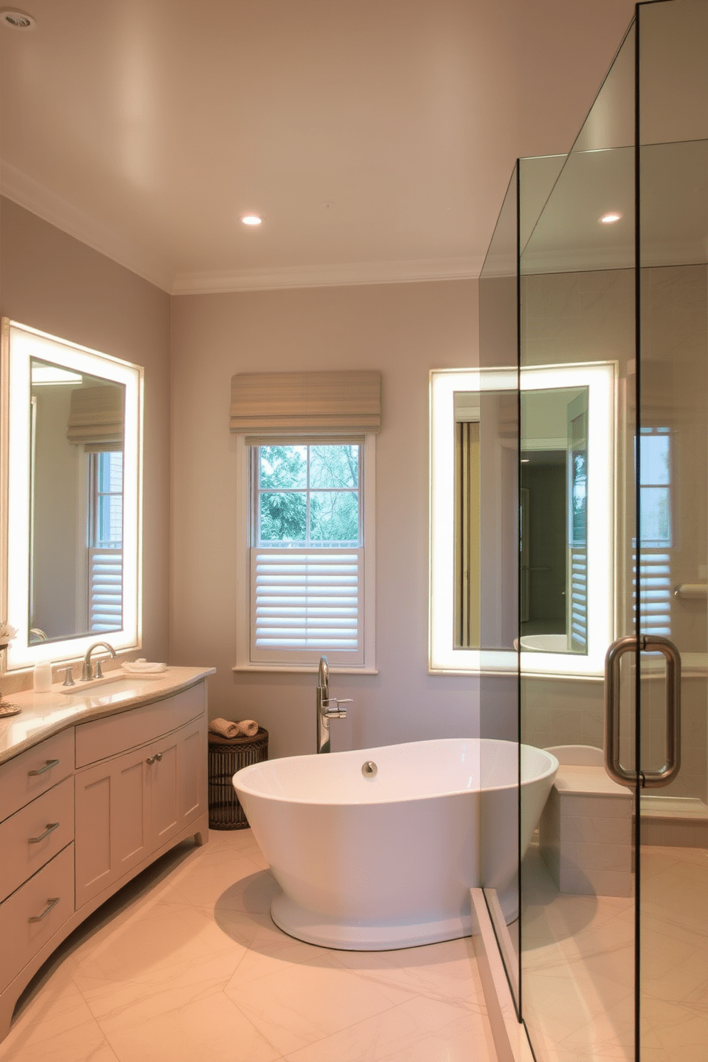 A transitional bathroom design featuring integrated lighting within the mirrors to enhance brightness. The space includes a freestanding bathtub surrounded by elegant tilework and a spacious walk-in shower with glass doors.