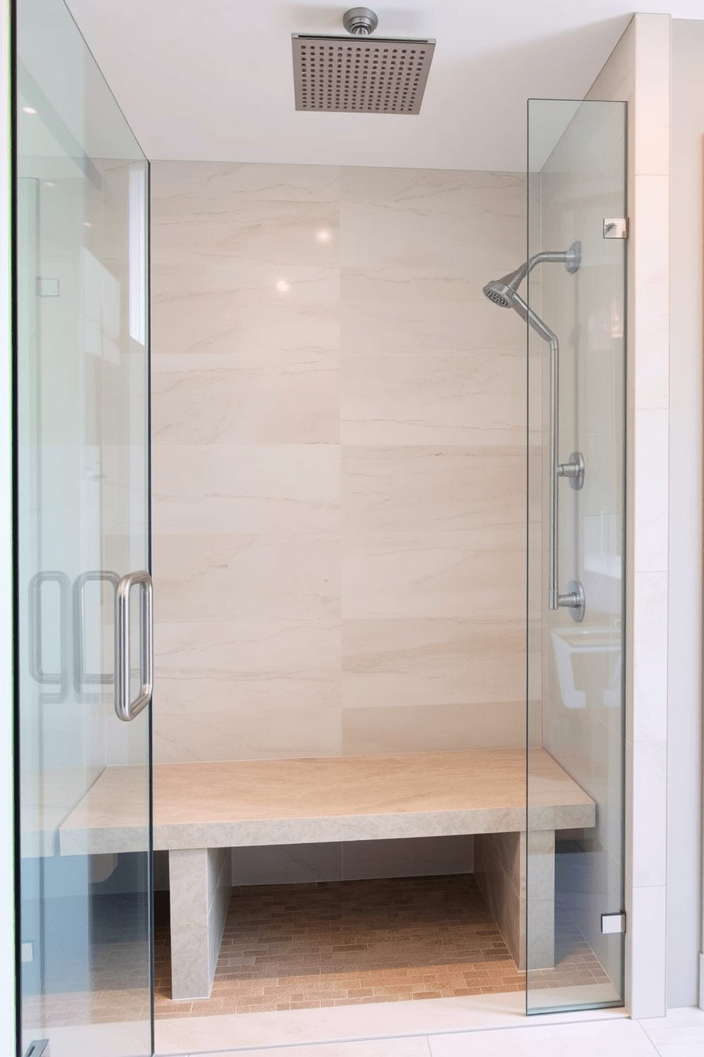 A spacious walk-in shower features a built-in bench made of natural stone, providing a luxurious yet functional element. The walls are adorned with large format tiles in soft neutral tones, creating a serene atmosphere. The shower is enclosed with clear glass panels that allow for an open feel while showcasing the elegant tile work. A rainfall showerhead is mounted from the ceiling, complemented by a handheld shower fixture for versatility.