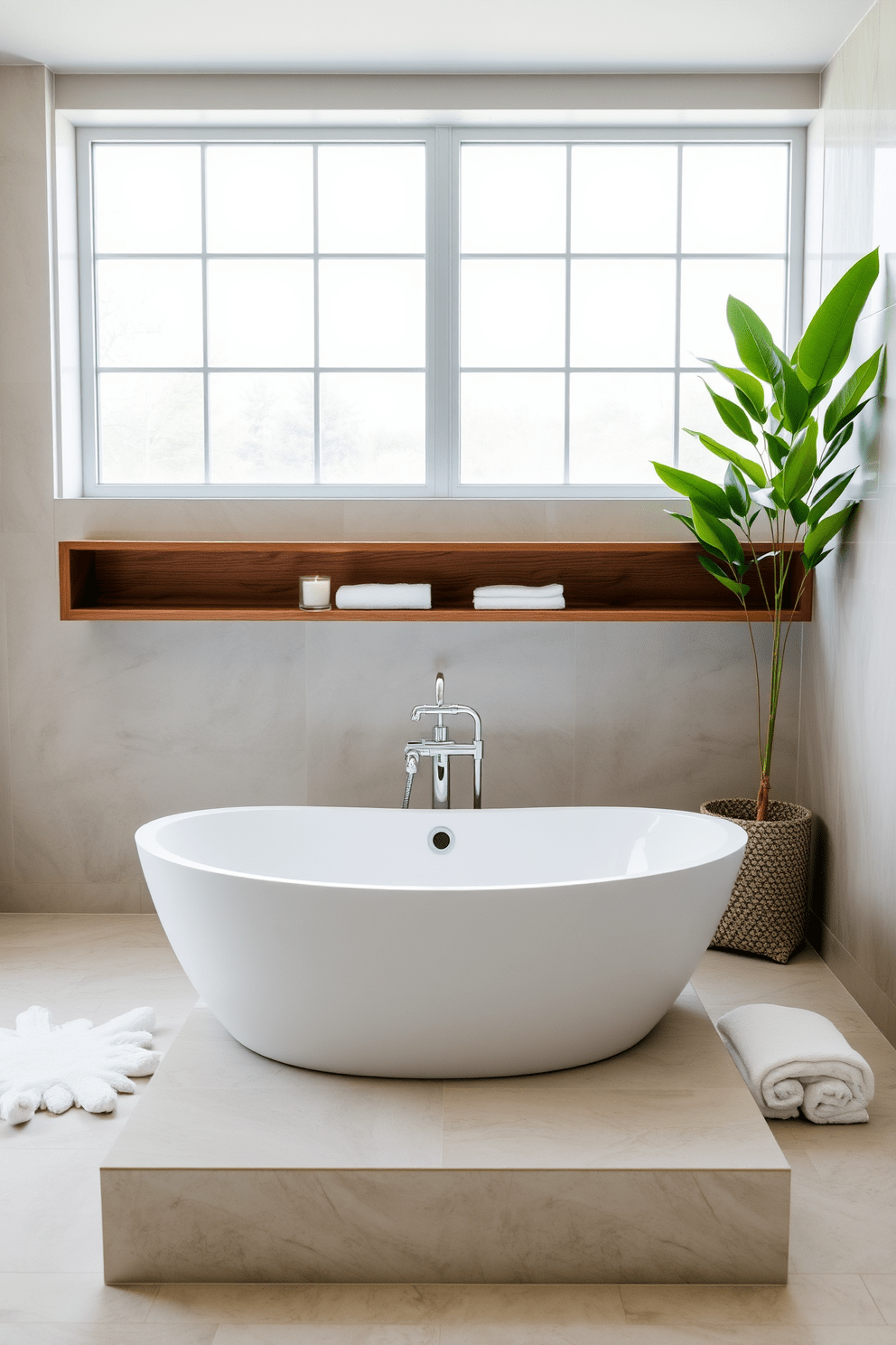 A serene bathroom setting that embodies a spa-like atmosphere. The space features a freestanding soaking tub surrounded by soft, natural materials and calming colors. Large windows allow natural light to flood the room, enhancing the tranquil ambiance. A minimalist wooden shelf holds neatly rolled towels and aromatic candles for added relaxation.