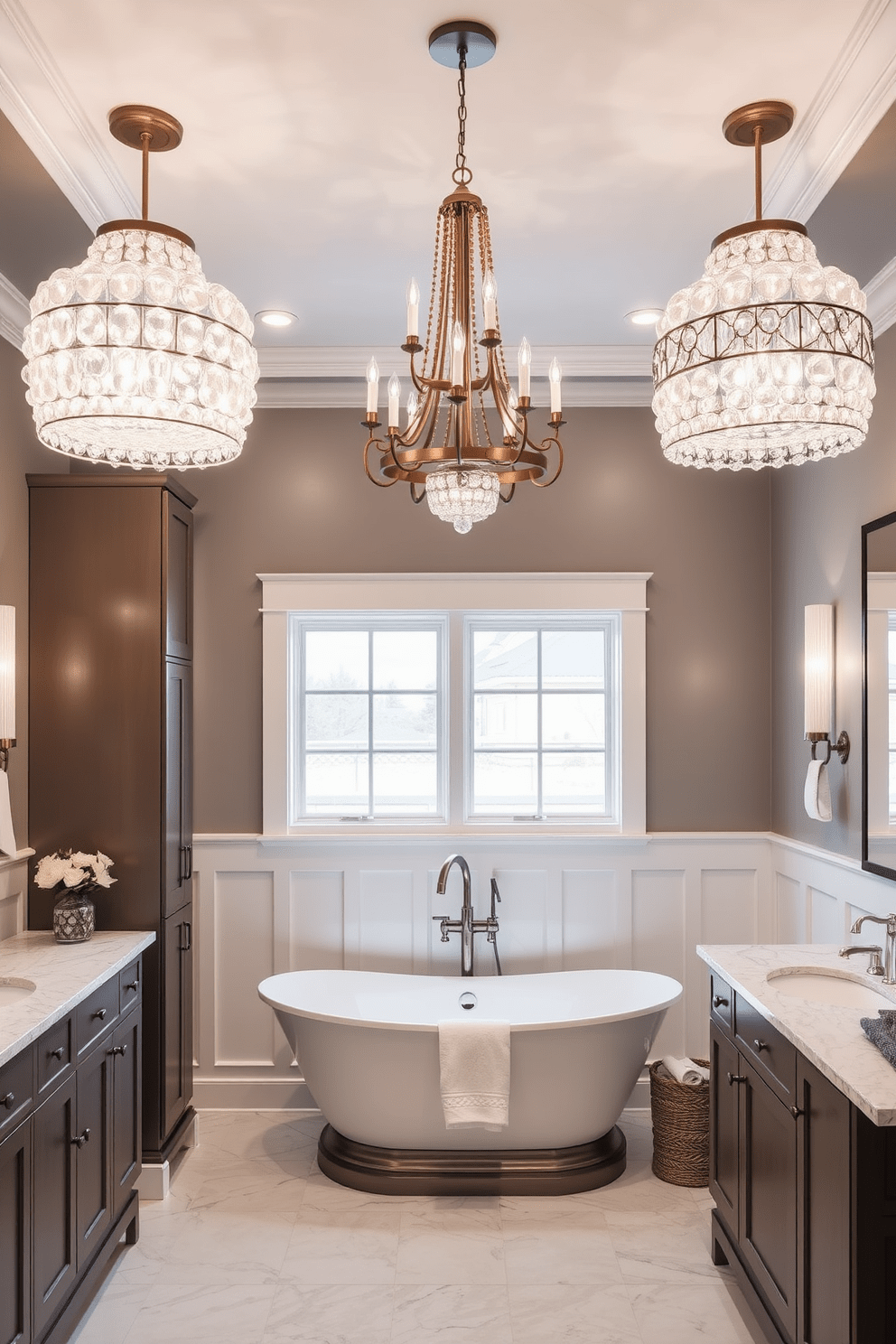 A stunning transitional bathroom featuring unique light fixtures that serve as focal points. The space is adorned with a blend of modern and traditional elements, creating a harmonious and inviting atmosphere. The walls are painted in a soft gray, complemented by white wainscoting that adds depth. A freestanding soaking tub sits elegantly beneath a statement chandelier, while sleek cabinetry provides ample storage.