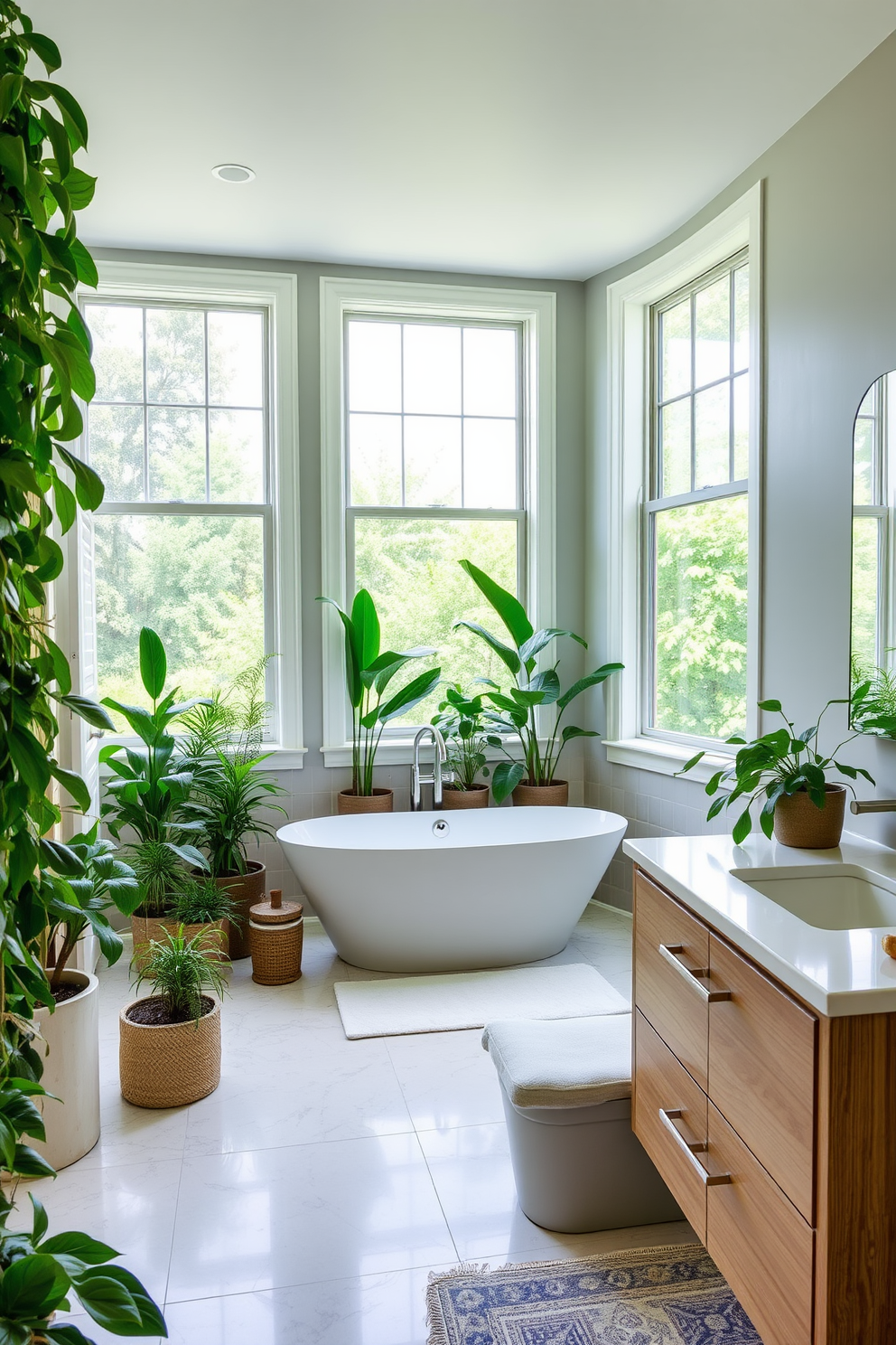 A transitional bathroom design featuring fresh greenery for a touch of nature. The space includes a sleek freestanding tub surrounded by potted plants that add a vibrant, organic feel. The vanity is a blend of modern and traditional styles, with a light wood finish and a white quartz countertop. Large windows allow natural light to flood the room, enhancing the serene atmosphere created by the greenery.