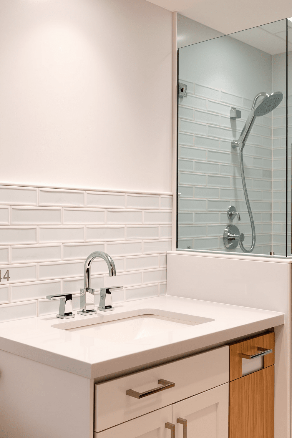 A transitional bathroom design featuring a subway tile backsplash that extends from the countertop to the ceiling. The modern fixtures include a sleek faucet and a stylish showerhead, both in polished chrome, complementing the clean lines of the space. The cabinetry is a mix of white and natural wood, providing warmth against the cool tones of the tiles. Soft lighting illuminates the room, highlighting the textures and creating an inviting atmosphere.