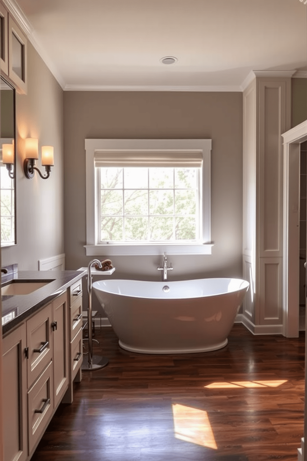 A transitional bathroom design featuring heated floors for added luxury. The space includes a freestanding soaking tub positioned under a large window, with soft natural light illuminating the room. Stylish wall sconces flanking the mirror provide warm lighting, enhancing the inviting atmosphere. The cabinetry combines modern and traditional elements, with a blend of white and wood finishes for a harmonious look.