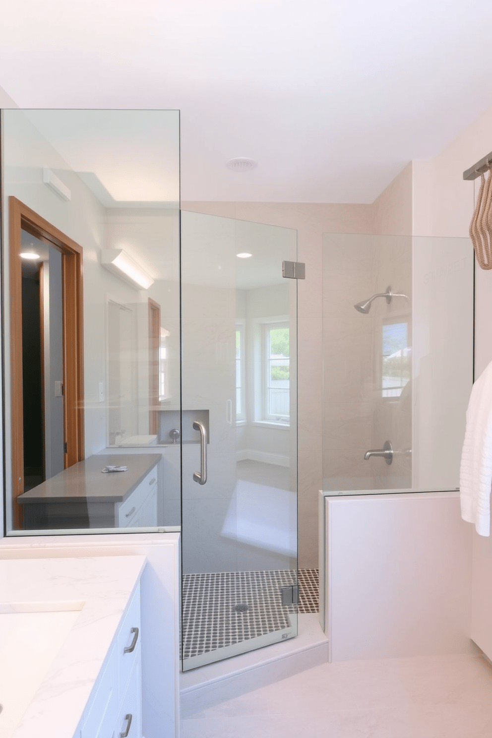 A frameless glass shower enclosure creates a sense of openness in the bathroom. The sleek design allows natural light to flow freely, enhancing the overall spacious feel of the space. Incorporate transitional bathroom design elements that blend modern and traditional styles. Use a combination of soft neutral colors and elegant fixtures to create a harmonious and inviting atmosphere.