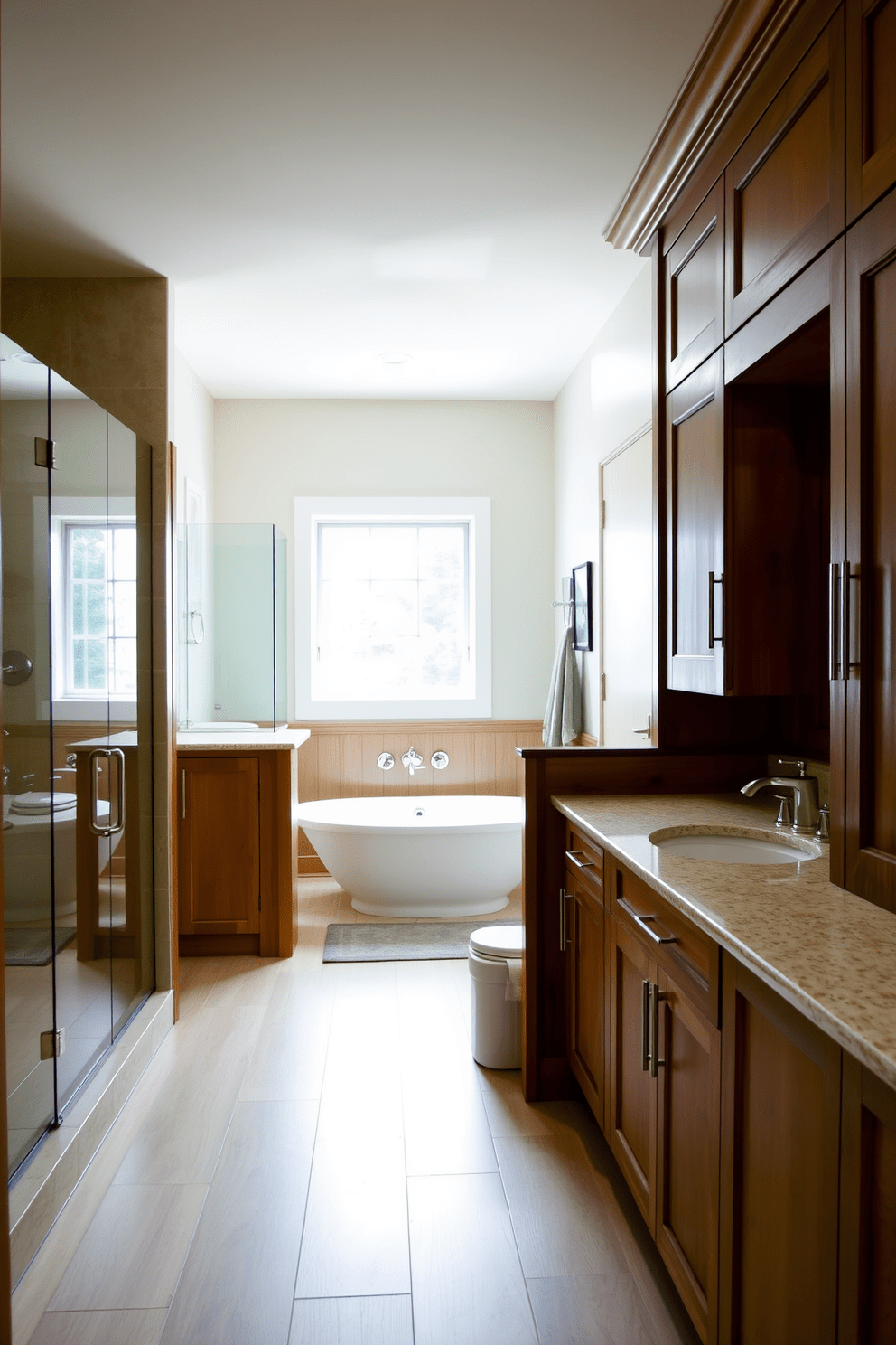 Warm wood cabinetry creates a cozy atmosphere in the transitional bathroom. The space features a spacious shower with glass doors and a freestanding soaking tub positioned under a window with natural light streaming in. Soft neutral tones on the walls complement the warm wood, while brushed nickel fixtures add a modern touch. A large vanity with dual sinks and ample storage space enhances functionality without sacrificing style.