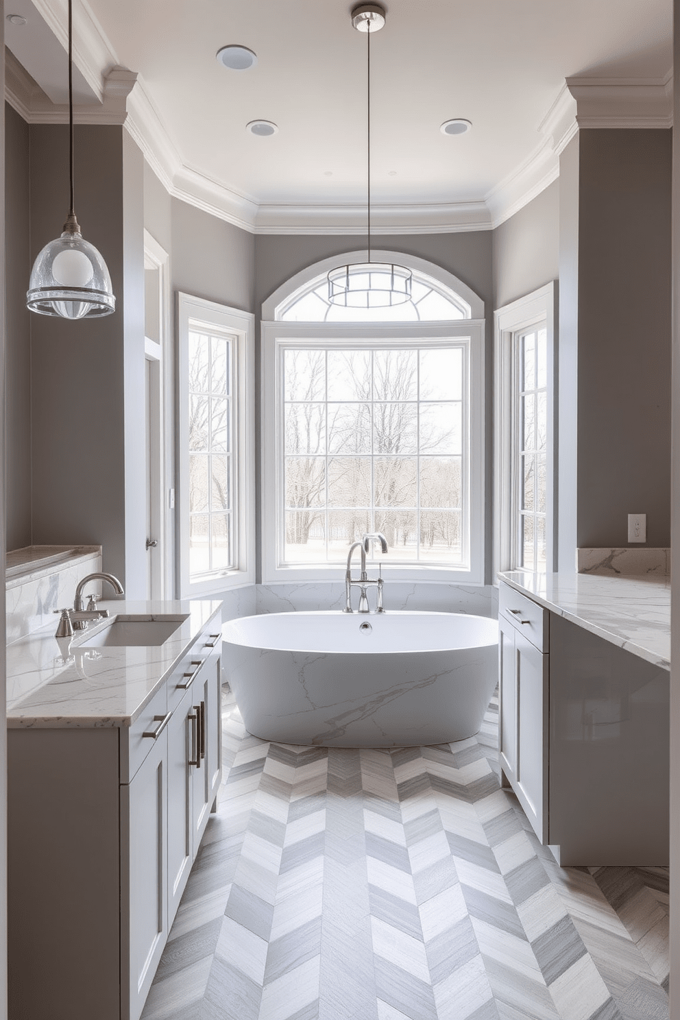 A transitional bathroom design featuring elegant marble countertops complemented by sleek modern hardware. The space includes a freestanding soaking tub, framed by large windows that allow natural light to flood the room. Stylish pendant lighting hangs above the vanity, which is adorned with dual sinks and polished chrome fixtures. The walls are painted in a soft gray tone, while the floor showcases classic herringbone-patterned tiles in a neutral palette.