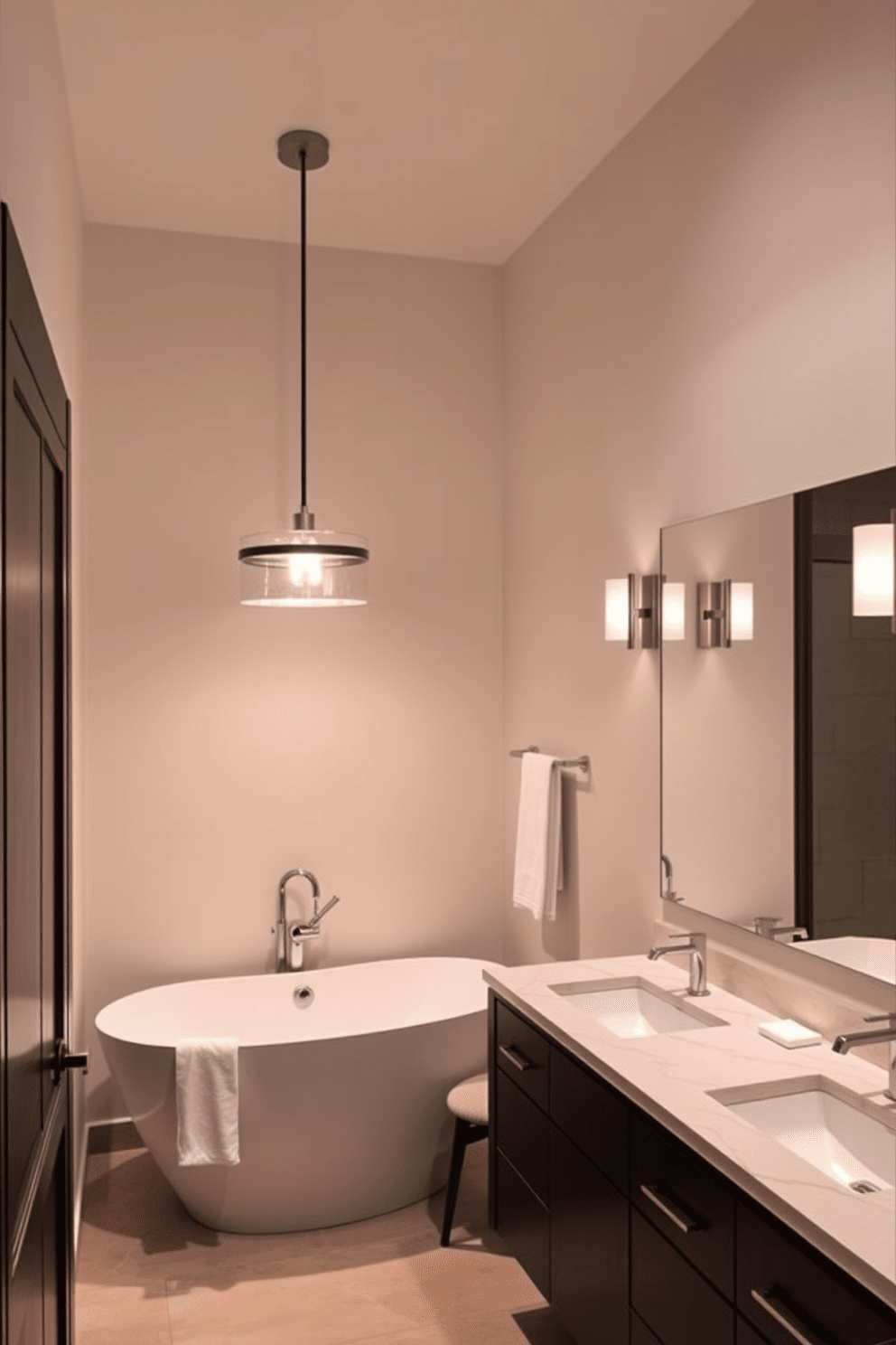 A sleek transitional bathroom featuring contemporary lighting fixtures that create a warm and inviting ambiance. The space includes a freestanding soaking tub illuminated by a stylish pendant light, complemented by wall sconces flanking the mirror above the dual sinks.