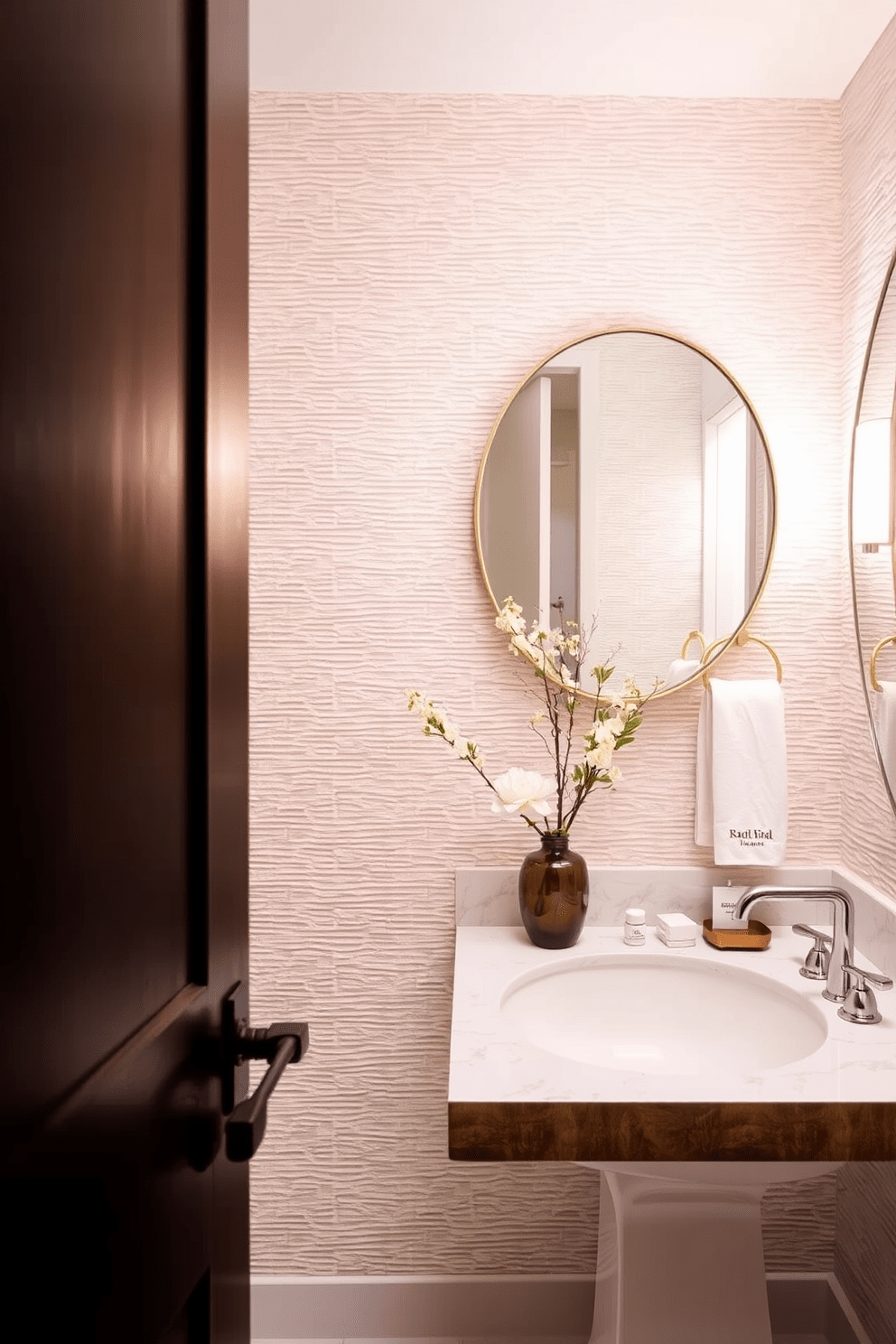 Textured wallpaper in soft neutral tones creates an inviting atmosphere in the transitional bathroom. The combination of sleek fixtures and warm wood accents enhances the overall elegance of the space.