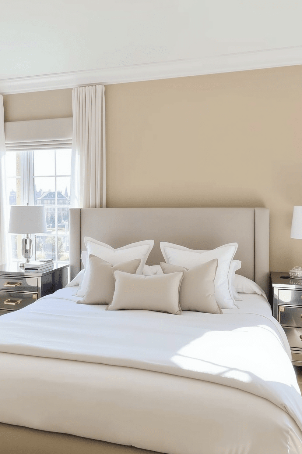 Soft neutral color palette for tranquility. The walls are painted in a warm beige, complemented by soft white bedding and light gray accents. A plush upholstered headboard frames the bed, while elegant nightstands with brushed gold hardware sit on either side. Large windows allow natural light to flood the space, adorned with sheer curtains that gently filter the sunlight.