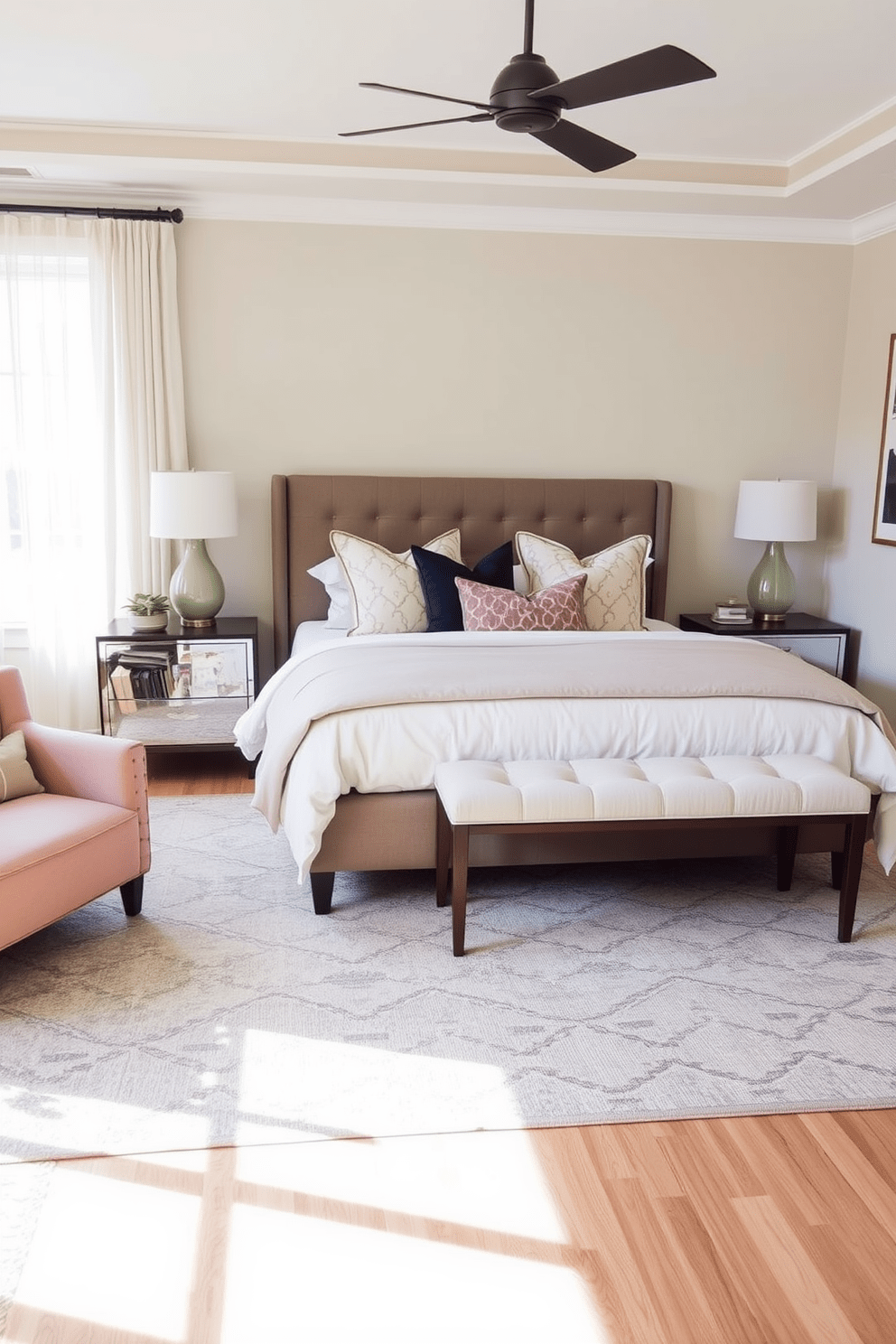 A cozy transitional bedroom featuring a statement rug that anchors the space, adding warmth and texture. The bed is dressed in layered linens with a mix of neutral and bold accent pillows, complemented by a pair of stylish nightstands on either side. Natural light filters through sheer curtains, illuminating the soft color palette of the room. A comfortable reading nook with a plush chair and a small side table creates an inviting corner for relaxation.