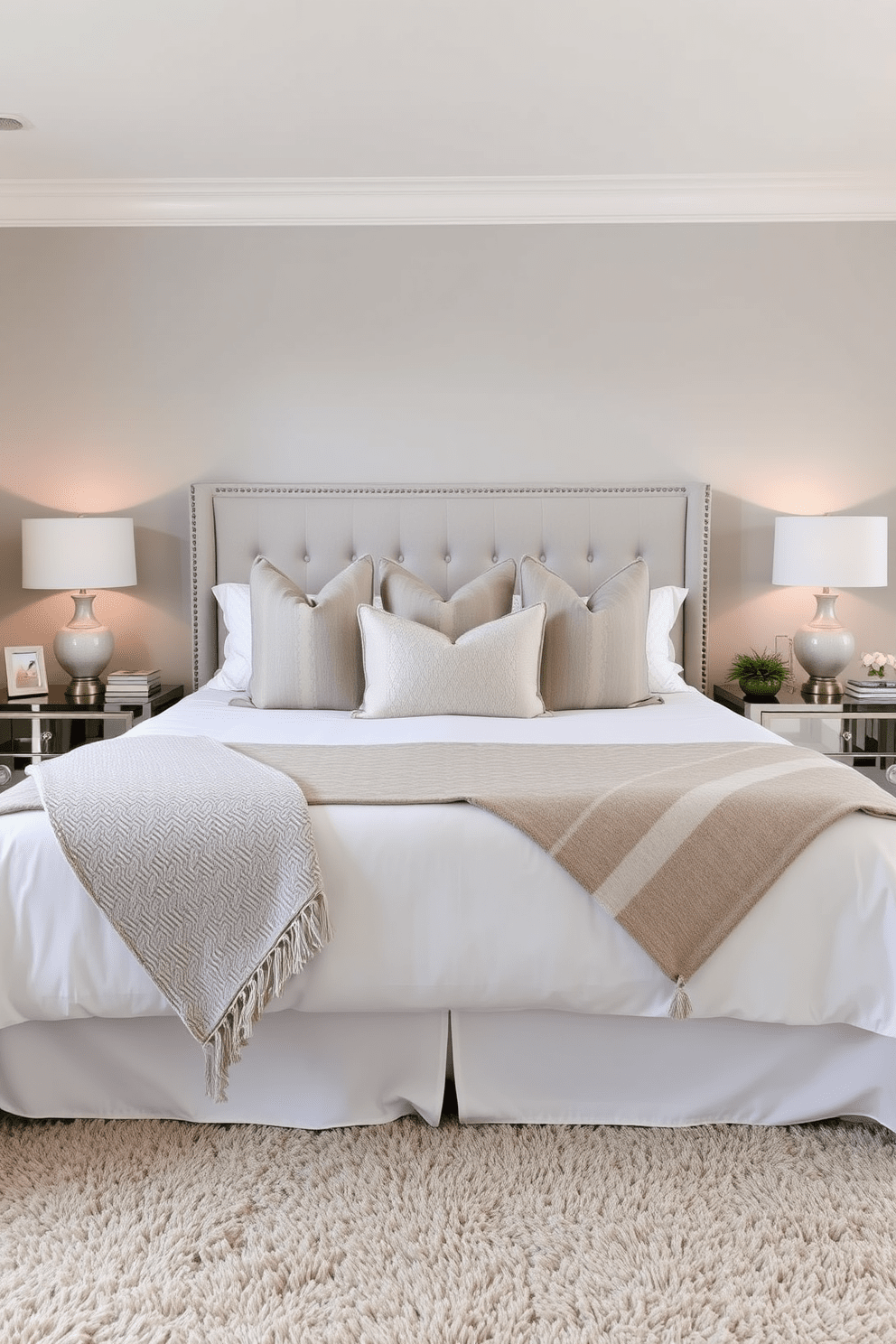 A transitional bedroom design featuring a blend of traditional and modern bedding styles. The bed is dressed with a crisp white duvet layered with a patterned throw blanket and an assortment of decorative pillows in muted tones. On either side of the bed, there are elegant nightstands with sleek lamps that provide warm lighting. The walls are painted in a soft gray, complemented by a plush area rug that adds texture and warmth to the space.