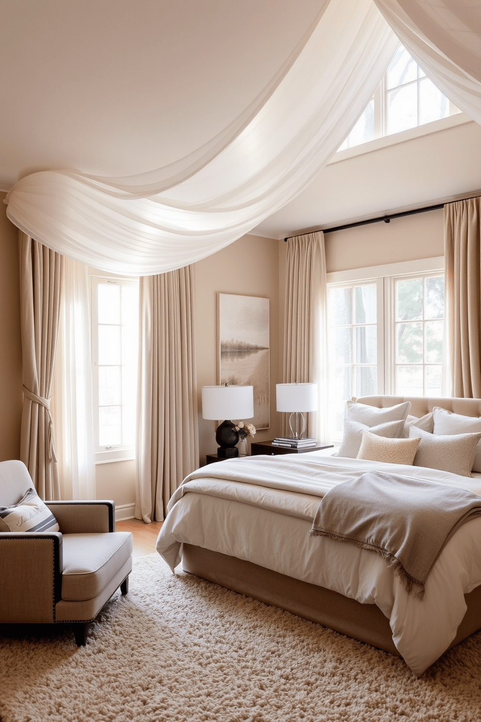 A tranquil bedroom retreat featuring soft drapes that gently frame large windows allowing natural light to filter in. The bed is dressed in layered bedding with a mix of textures in soothing neutral tones, complemented by plush throw pillows. A stylish bedside table holds a modern lamp and a few curated books, while a cozy armchair in the corner invites relaxation. The walls are painted in a warm beige hue, and a plush area rug adds comfort underfoot.