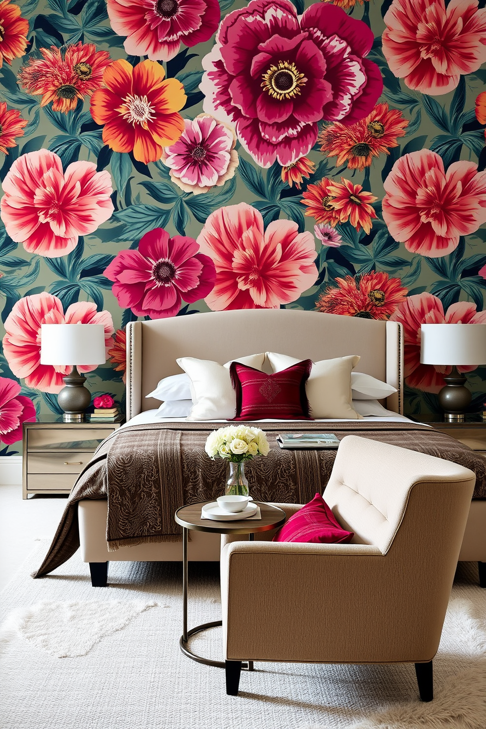 Create a focal point with bold wallpaper featuring a large floral pattern in vibrant colors. The wallpaper should be complemented by a plush upholstered bed in a neutral tone, with layered bedding and decorative pillows for added texture. Incorporate a stylish bedside table on each side of the bed, topped with modern lamps that provide warm lighting. Add a cozy seating area in the corner with a comfortable armchair and a small side table, creating an inviting nook for relaxation.