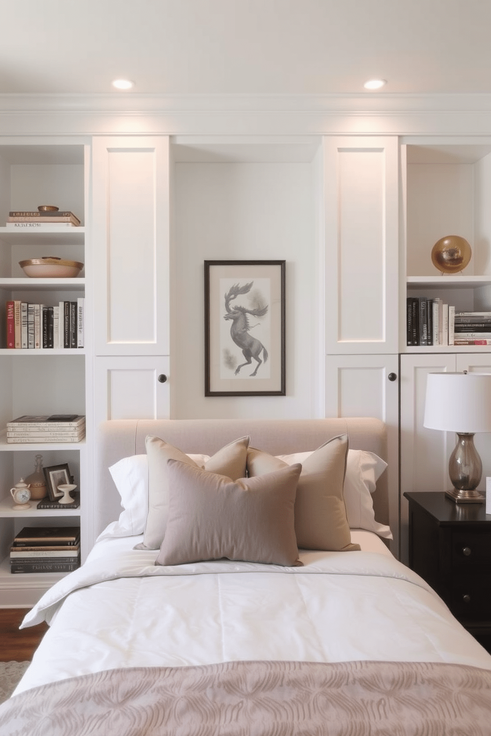 A transitional bedroom design featuring built-in shelving for organization. The bed is dressed in soft neutral linens with accent pillows in muted tones, while the built-in shelves are adorned with books and decorative items.