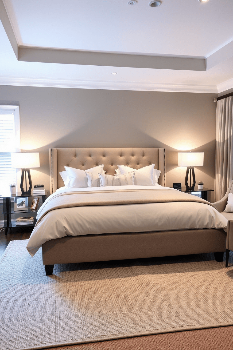 A transitional bedroom design featuring a plush king-sized bed with a tufted headboard dressed in soft neutral linens. Flanking the bed are sleek nightstands with modern lamps that provide layered lighting, enhancing the ambiance of the space. The walls are painted in a warm gray tone, complemented by a textured area rug beneath the bed. A cozy reading nook is situated by the window, adorned with a comfortable armchair and a small side table, creating a functional yet inviting atmosphere.