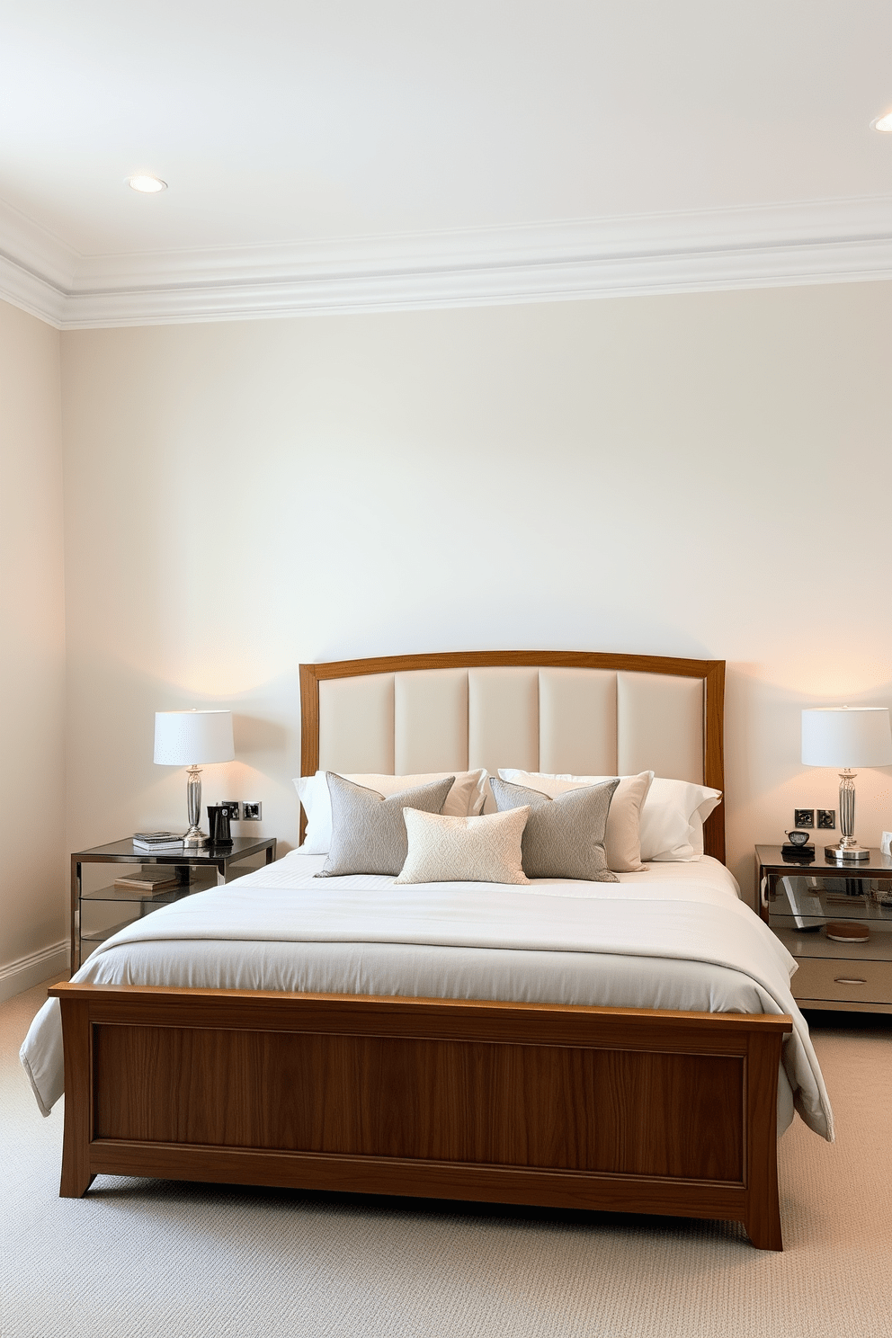 A serene bedroom setting featuring a soft color gradient scheme that transitions from light beige to pale blue on the walls. The bed is adorned with plush bedding in complementary shades, and decorative pillows add texture and interest. A stylish wooden bed frame with a high headboard anchors the space, while a pair of elegant nightstands flank each side. Soft lighting from bedside lamps creates a warm ambiance, enhancing the tranquil atmosphere of the room.