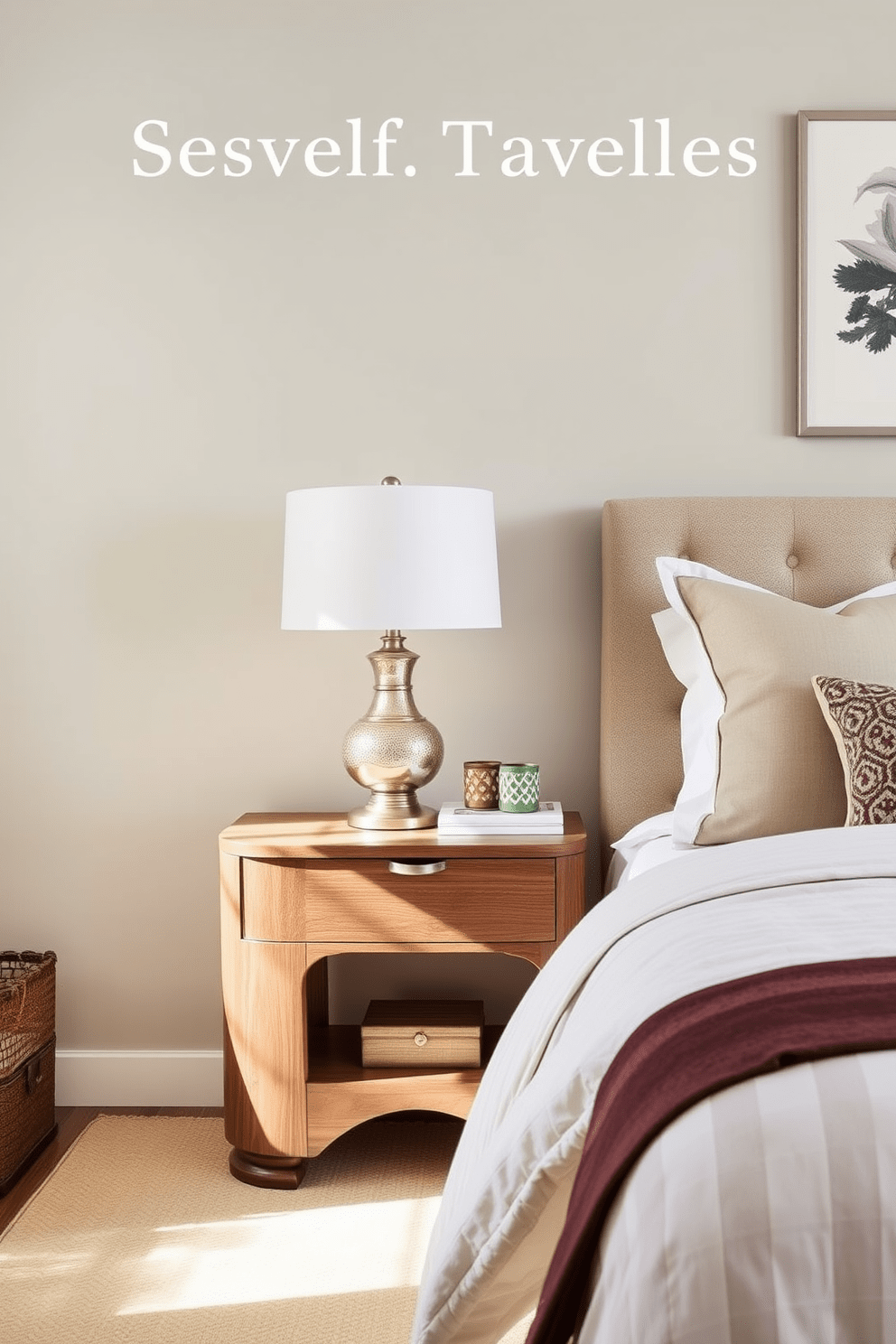 Select bedside tables with unique designs that complement a transitional bedroom aesthetic. Incorporate a mix of modern and traditional elements, such as a sleek wooden table paired with a vintage lamp and decorative accents.