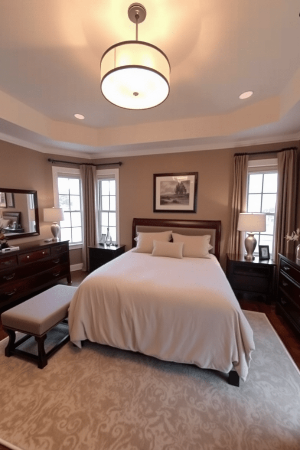 A cozy transitional bedroom featuring a plush king-sized bed dressed in soft neutral linens. Above the bed, a striking statement ceiling fixture casts a warm glow, enhancing the inviting atmosphere of the space. The walls are painted in a soft taupe, complementing the rich wooden furniture throughout the room. A stylish area rug anchors the space, while large windows allow natural light to flood in, creating a serene retreat.