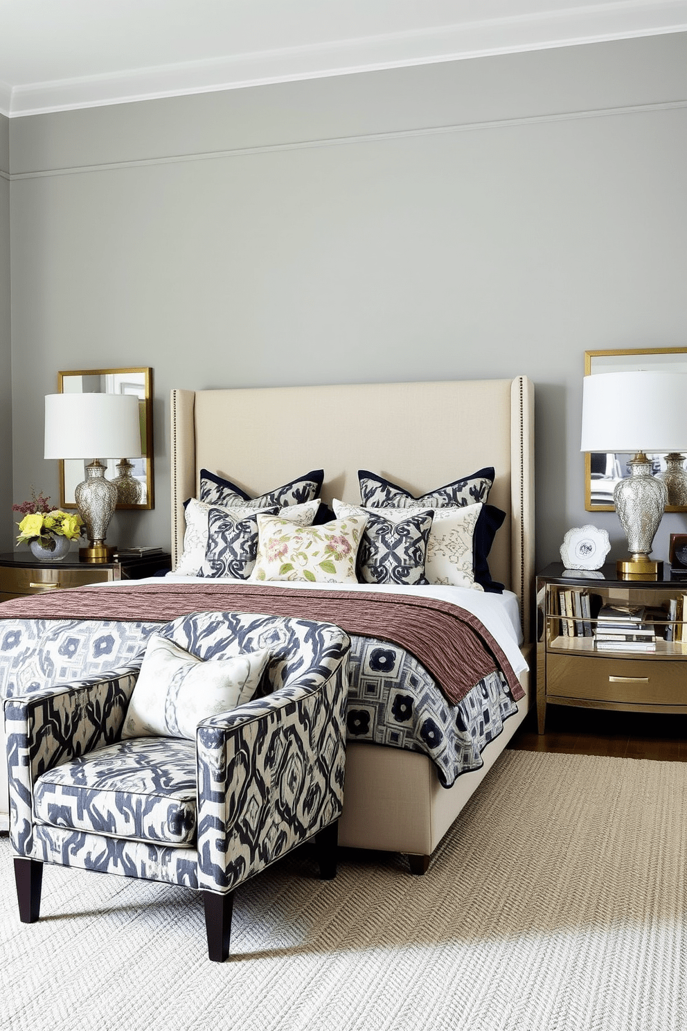 A transitional bedroom design featuring a blend of traditional and modern elements. The walls are painted in a soft gray tone, and the bedding combines geometric patterns with floral accents for a harmonious look. A plush upholstered headboard serves as the focal point, complemented by nightstands with sleek lines and decorative lamps. A cozy armchair in a bold pattern is placed in the corner, alongside a textured area rug that adds warmth to the space.