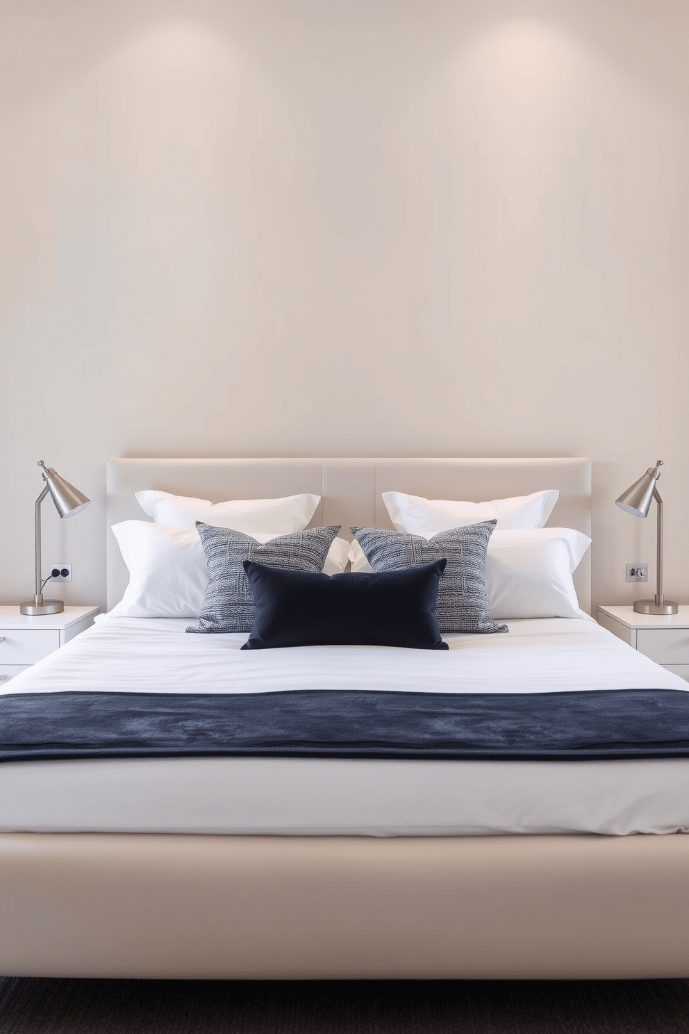 A modern bedroom featuring a platform bed with a sleek design and low profile. The bed is dressed in crisp white linens and accented with textured throw pillows in shades of gray and navy. The walls are painted in a soft beige, creating a warm and inviting atmosphere. A stylish nightstand on either side of the bed holds contemporary lamps with minimalist designs.