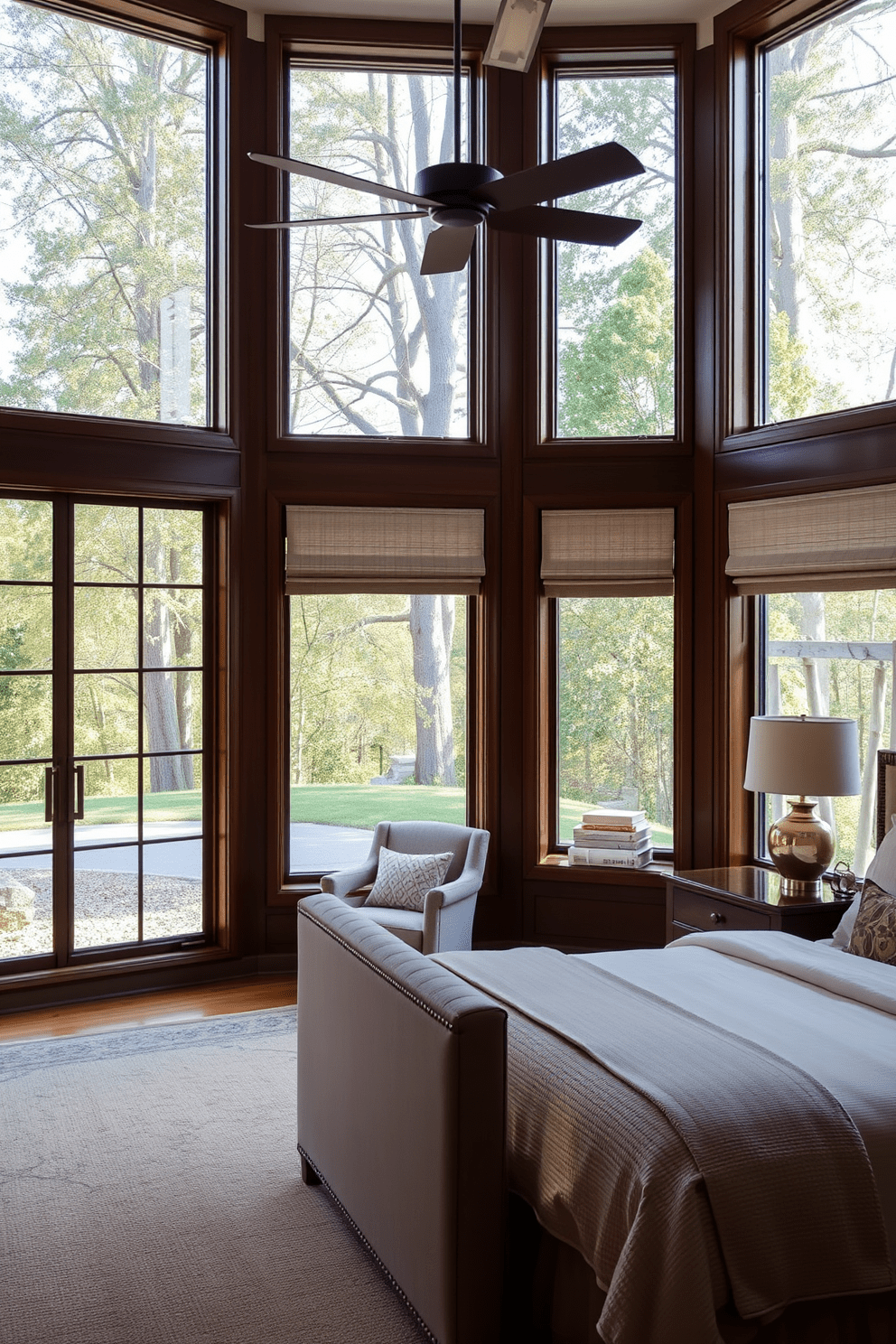 A transitional bedroom design featuring large windows that allow an abundance of natural light to fill the space. The room is adorned with a mix of modern and traditional furnishings, including a plush upholstered bed and classic wooden nightstands. Soft neutral tones dominate the color palette, complemented by textured fabrics and layered bedding for added comfort. A cozy reading nook with a comfortable chair is positioned near the windows, inviting relaxation and tranquility.