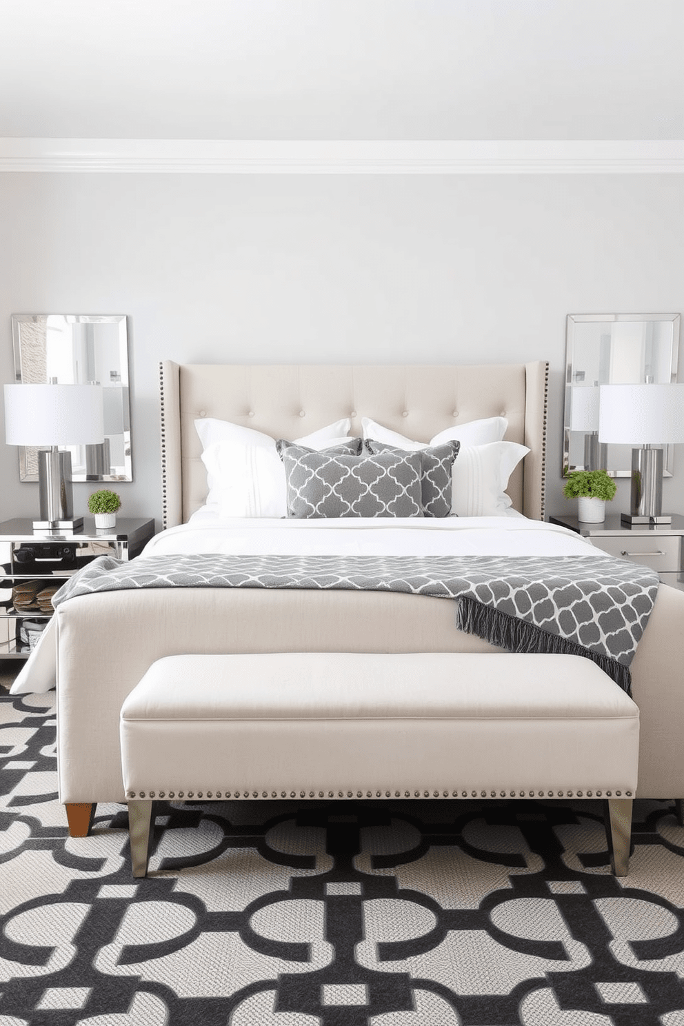 A transitional bedroom design that seamlessly blends modern and traditional elements. The room features a large upholstered bed with crisp white linens and a geometric patterned throw blanket. On either side of the bed, sleek nightstands with metallic accents hold stylish lamps. The walls are painted in a soft gray, complemented by a bold geometric area rug that adds contemporary flair.